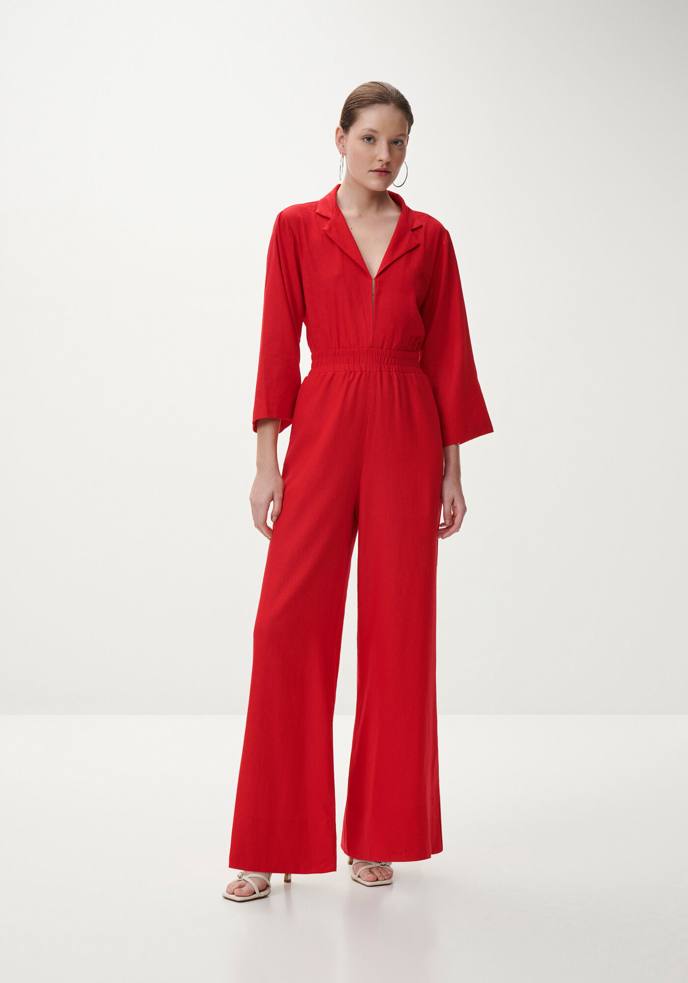 Macac&atilde;o Longo em Linho com Manga 3/4, VERMELHO STRAWBERRY, large.