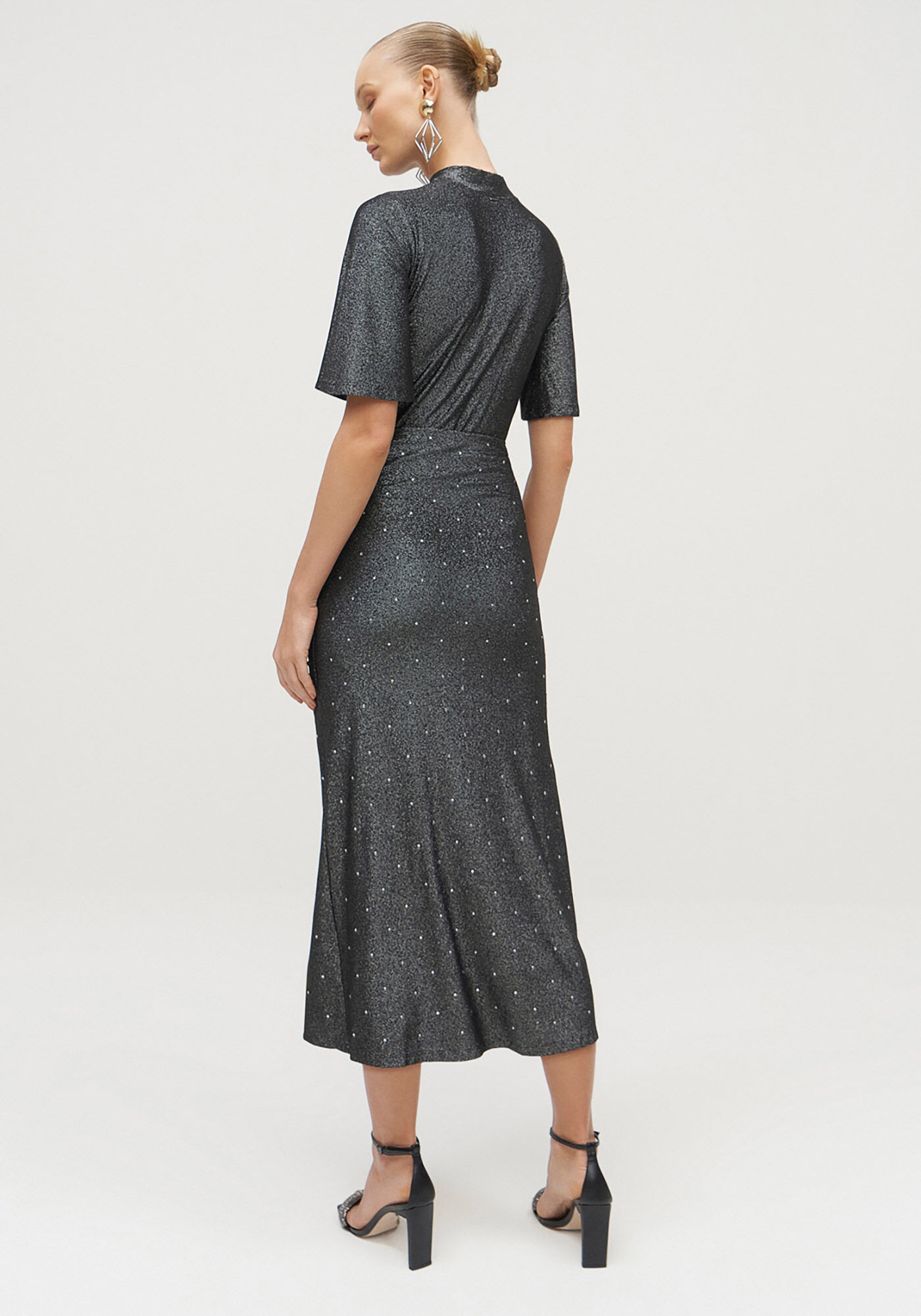 Saia Midi Franzida em Malha Brilho com Strass, PRETO REATIVO, large.