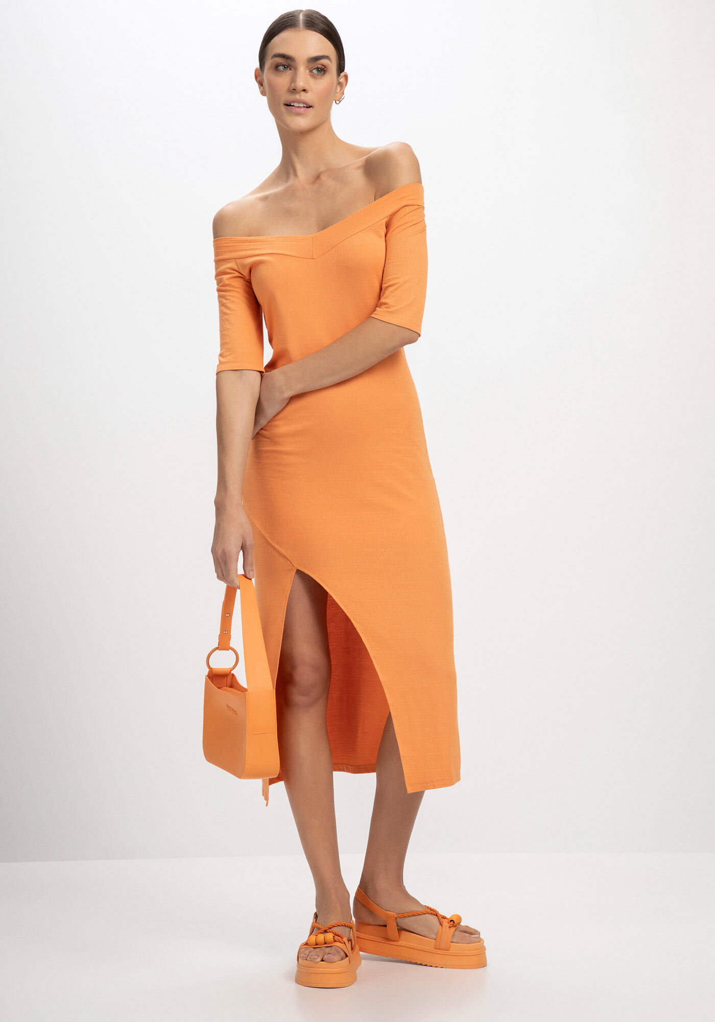 Vestido Midi Canelado Ombro a Ombro Fenda, , large.