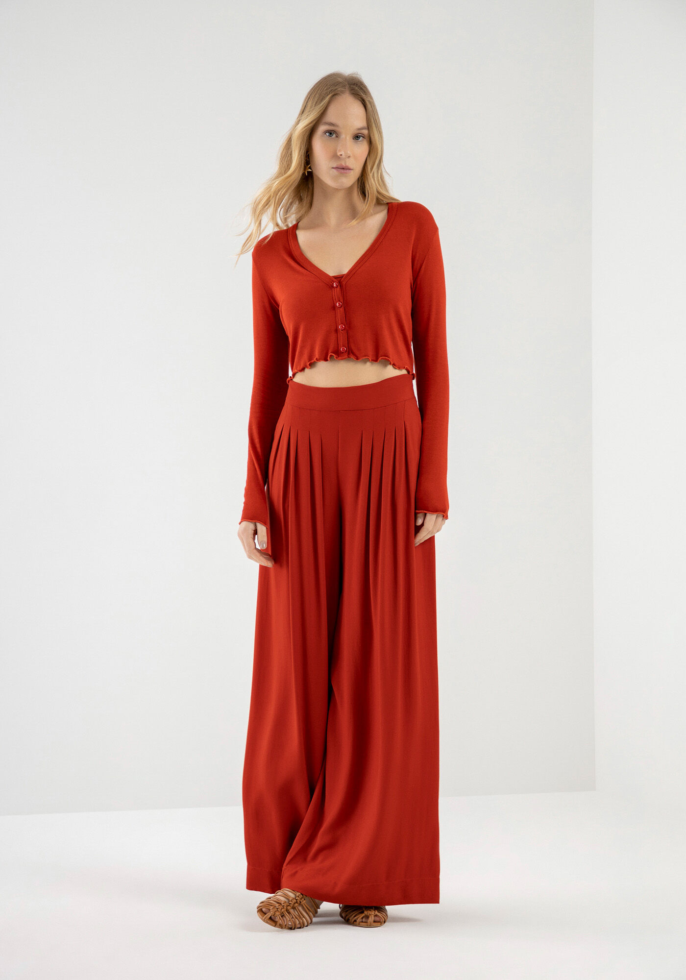 Cardigan Manga Longa Cropped com Top, LARANJA FERY, large.