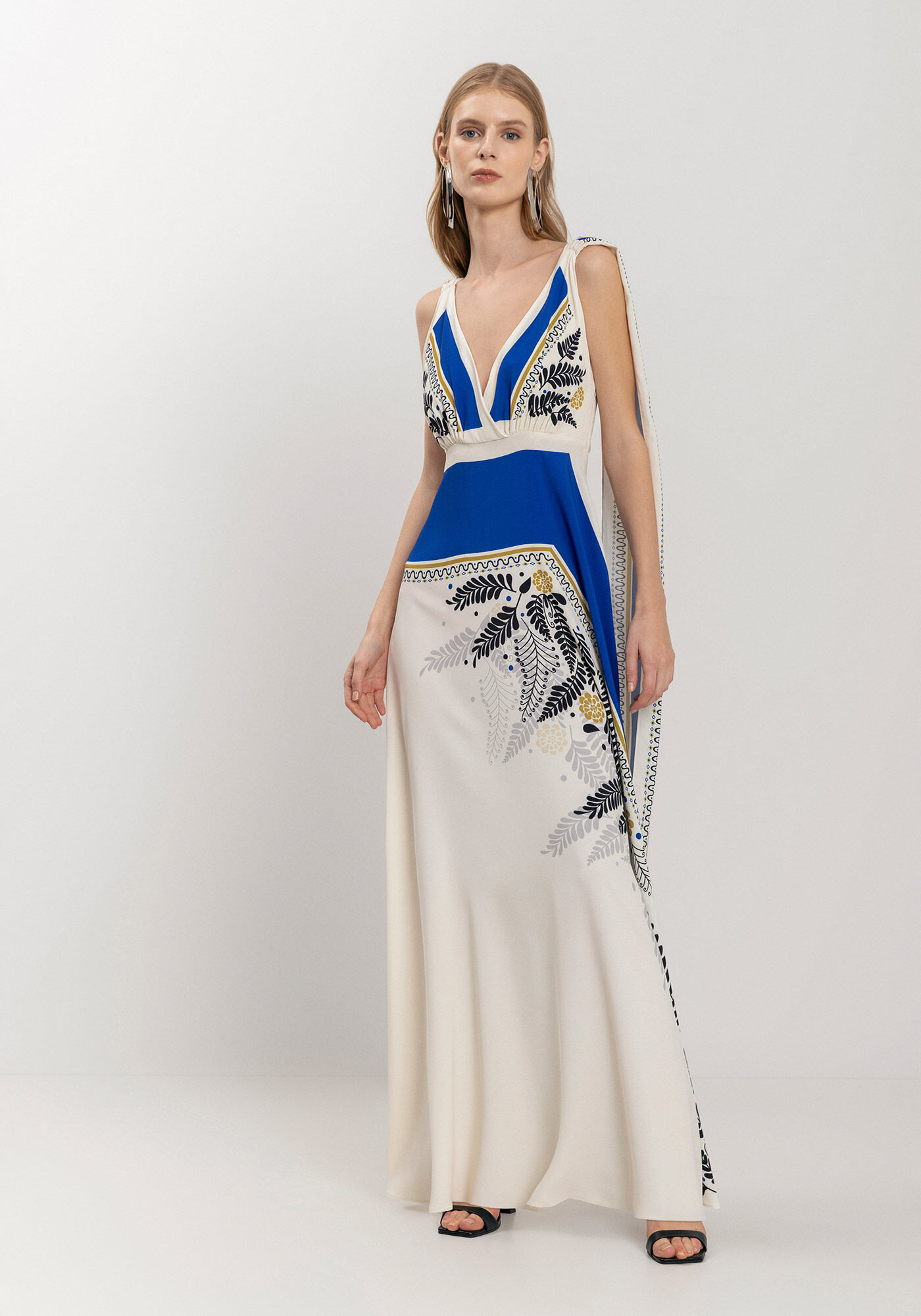 Vestido Longo Fluido Forrado Com Decote Em V, , large.