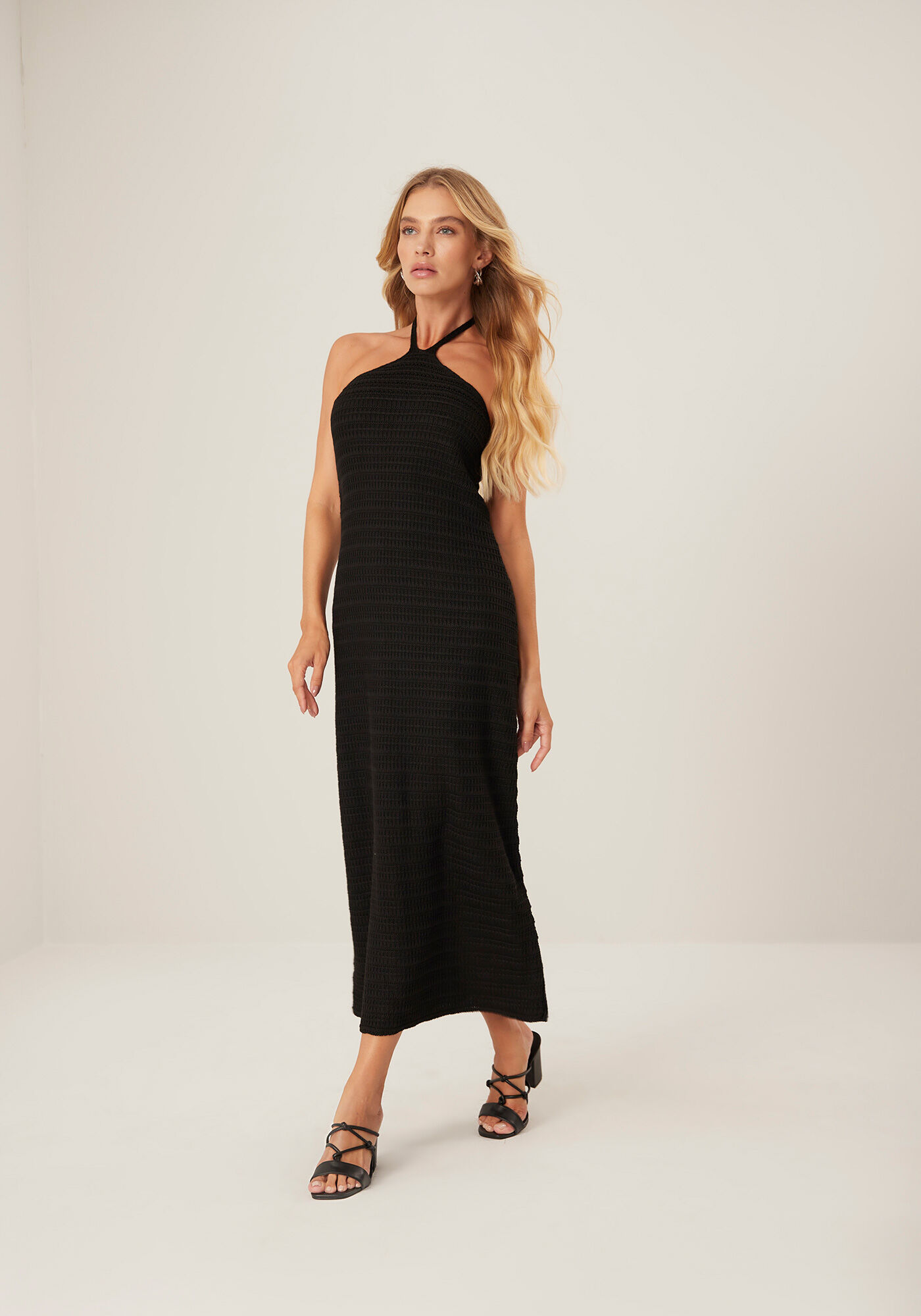 Vestido Midi em Tric&ocirc; com Decote Frente &Uacute;nica, PRETO REATIVO, large.