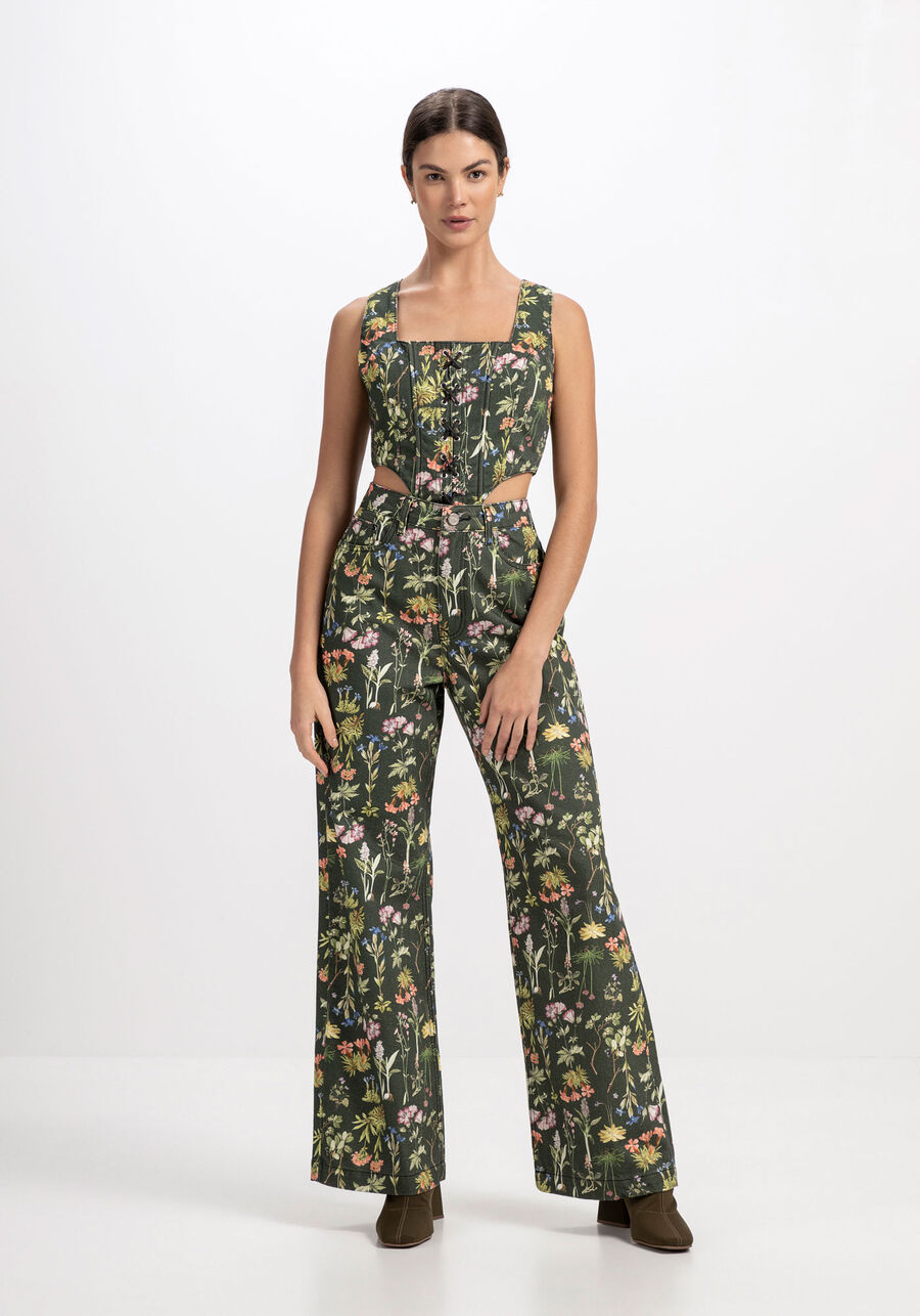 Calça Sarja Wide Leg com Estampa Floral, . Calça Sarja Wide Leg com Estampa Floral, , large.