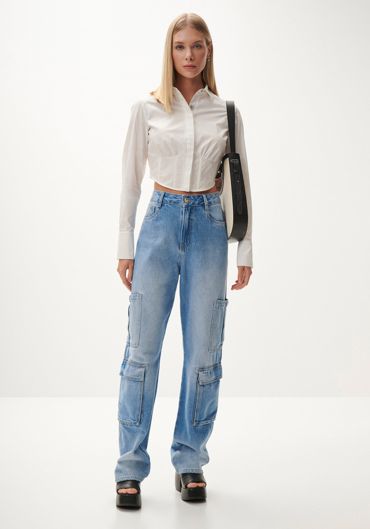 Camisa Cropped em Tricoline Corset, , large.