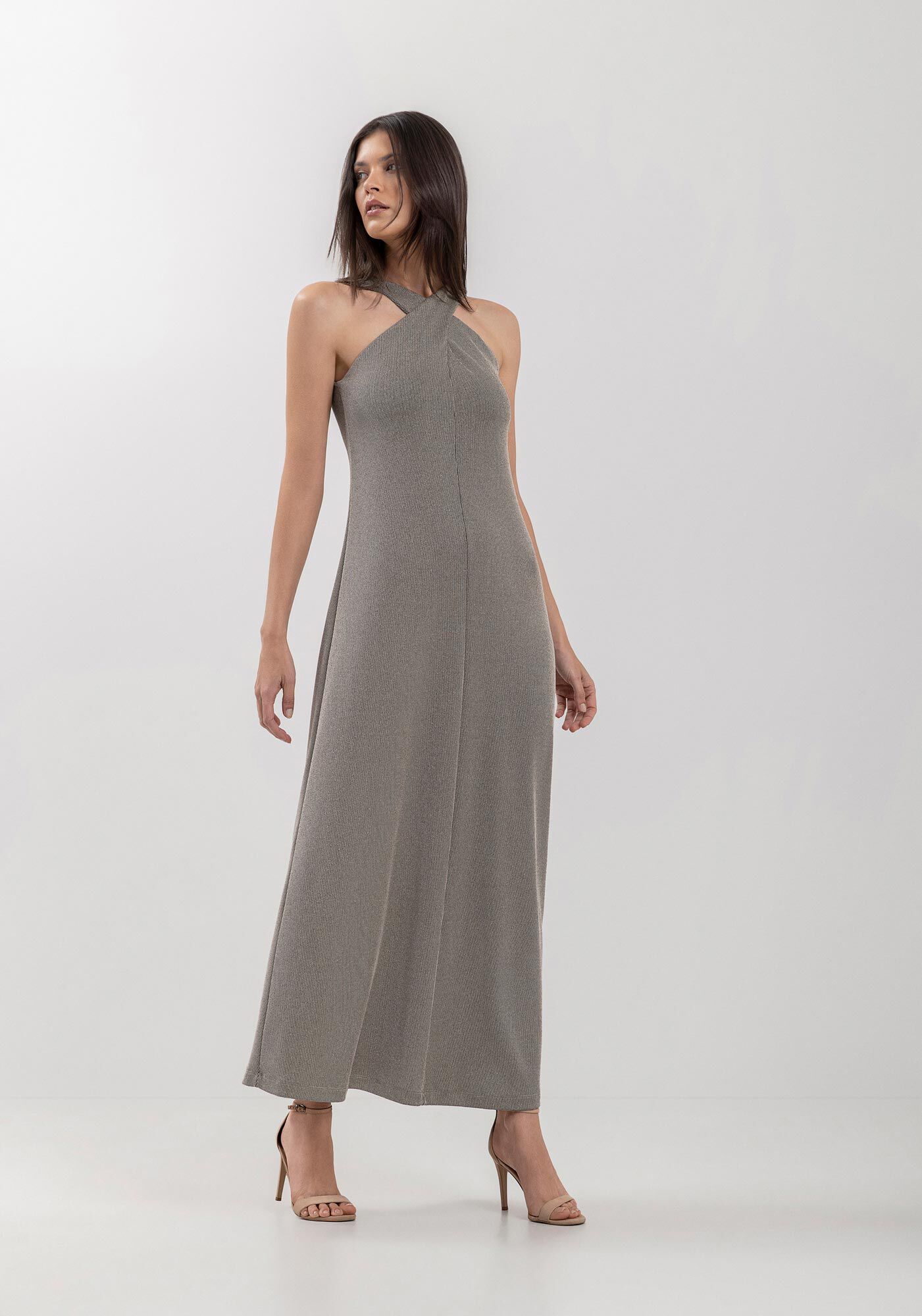 Vestido Midi Ch&aacute; Em Malha Canelada Com Fios De Lurex, , large.