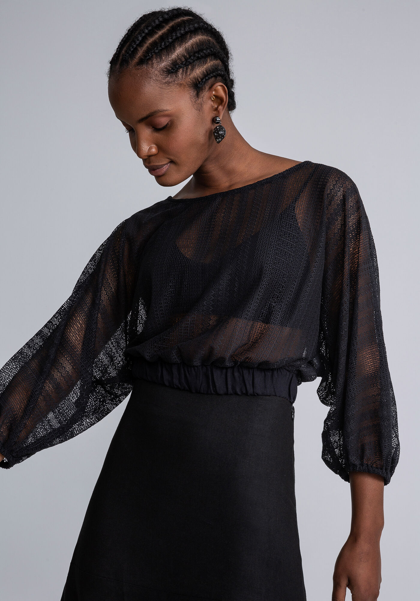 Blusa Manga 3/4 Bufante Renda, PRETO, large.