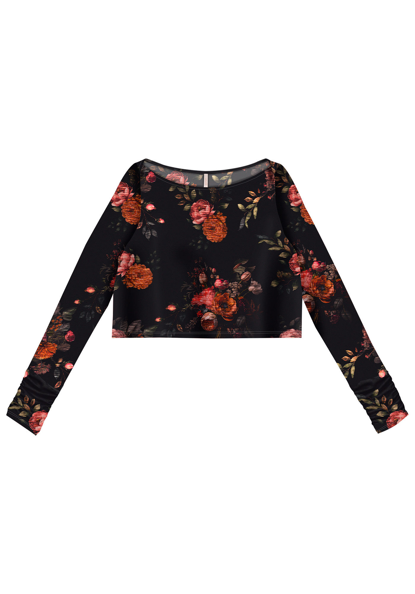 Blusa Manga Longa Cropped Estampada com Franzido, , large.