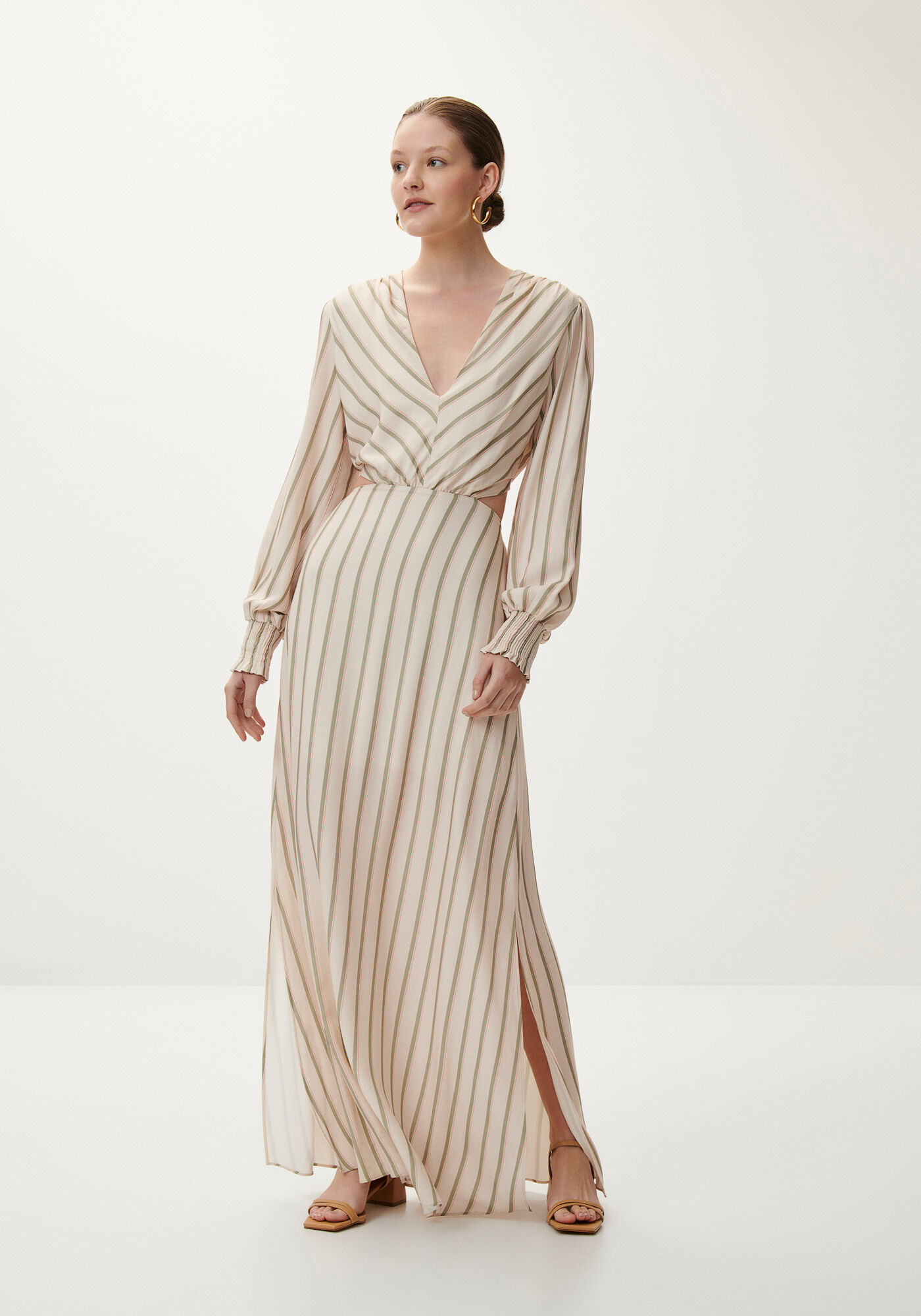 Vestido Longo Manga Longa Estampado com Cut Out, , large.