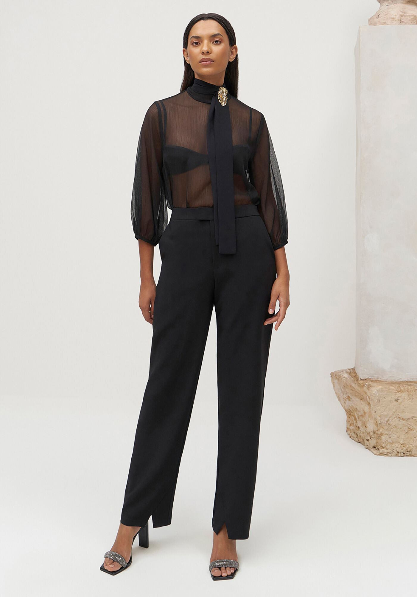 Cal&ccedil;a Reta Alfaiataria Slim com Cintura M&eacute;dia, PRETO REATIVO, large.