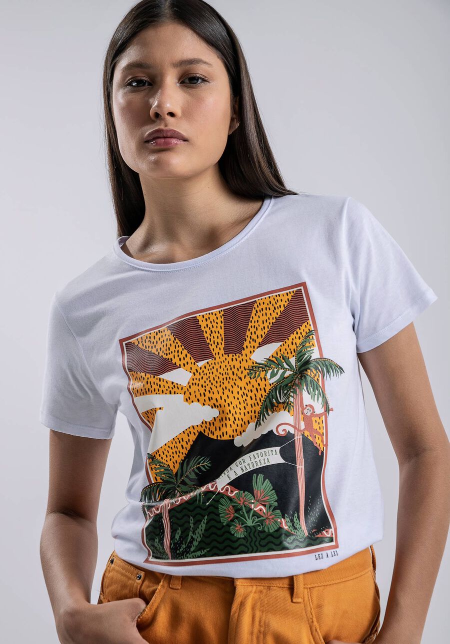 Blusa Manga Curta Estampa Sol, BRANCO. Blusa Manga Curta Estampa Sol, BRANCO, large.