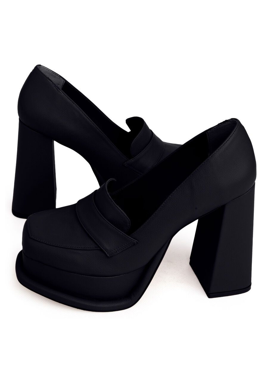 Mocassim com Salto Alto Flare, PRETO REATIVO. Mocassim com Salto Alto Flare, PRETO REATIVO, large.