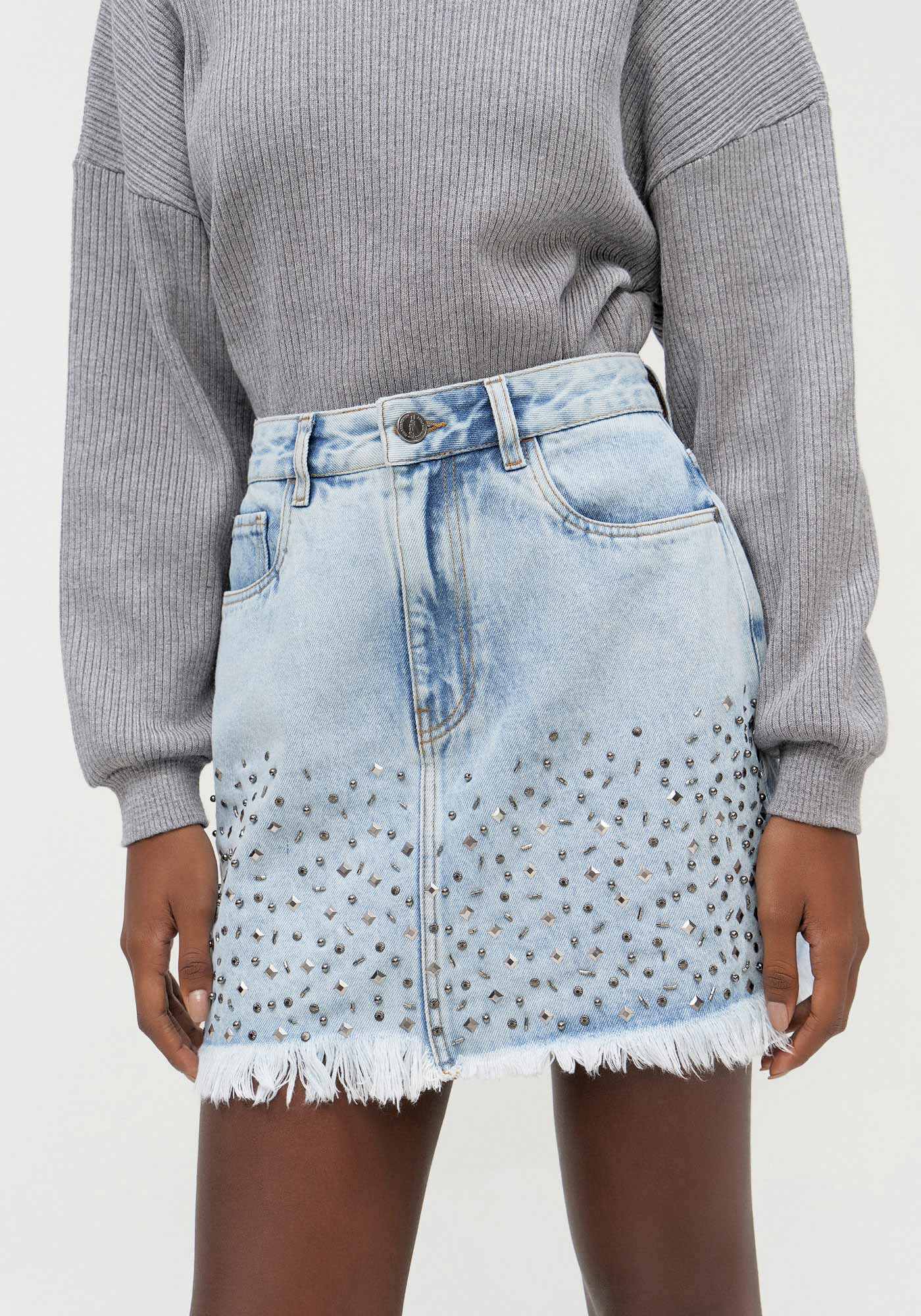 Saia Jeans Curta Cintura Alta com Bordado, JEANS, large.