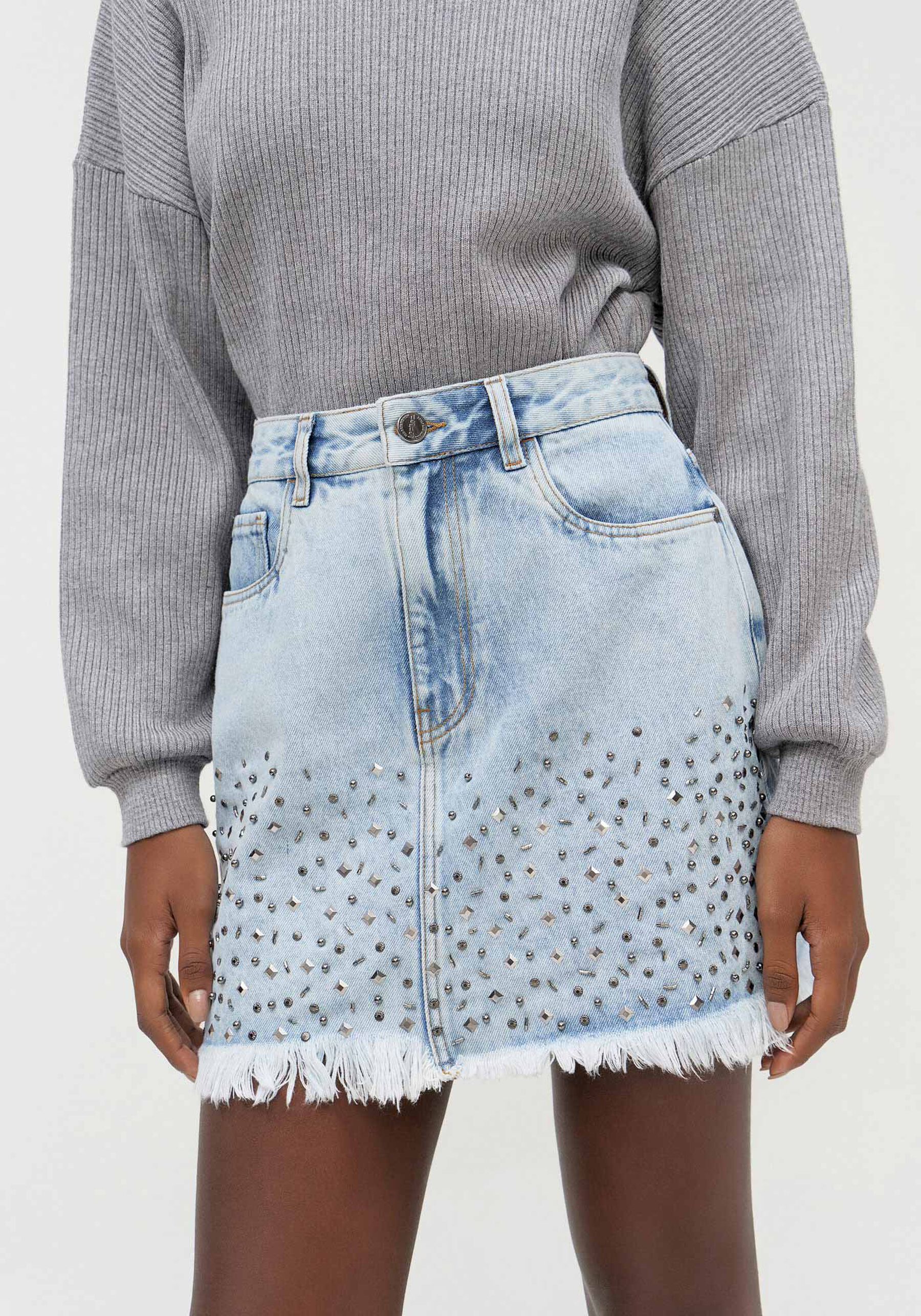 Saia Jeans Curta Cintura Alta com Bordado, JEANS. Saia Jeans Curta Cintura Alta com Bordado, JEANS, large.