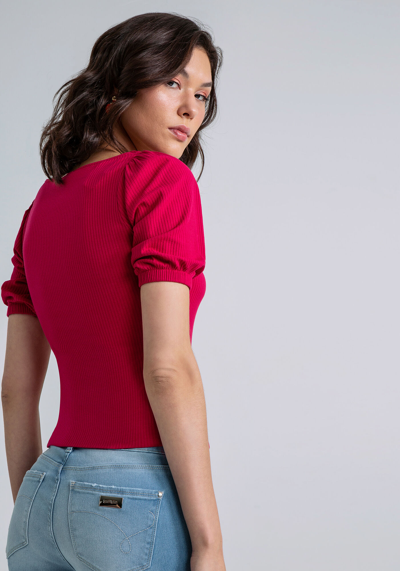 Blusa Manga Bufante Decote V, VERMELHO, large.