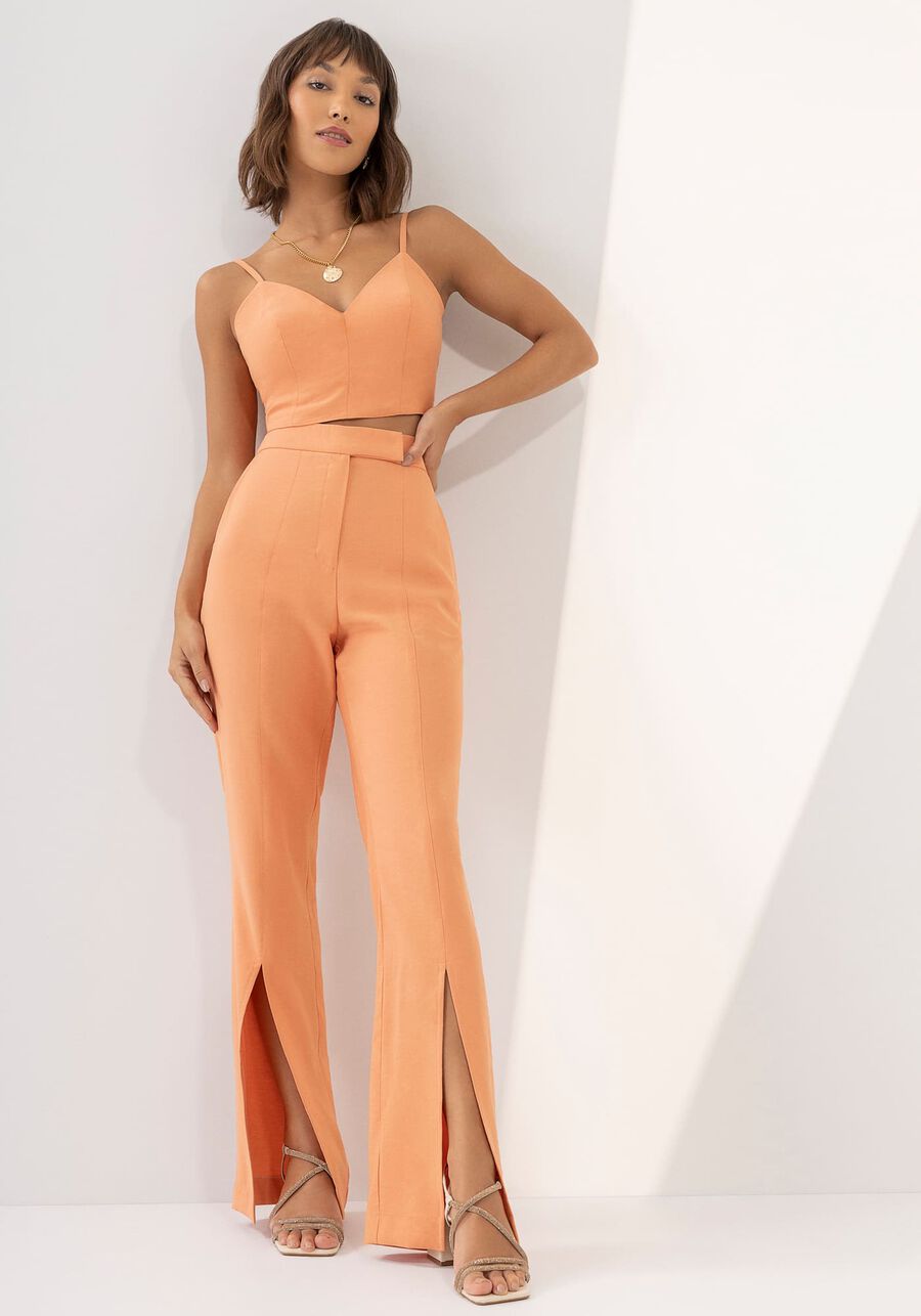 Calça Alfaiataria Flare com Fenda, LARANJA ARENA. Calça Alfaiataria Flare com Fenda, LARANJA ARENA, large.