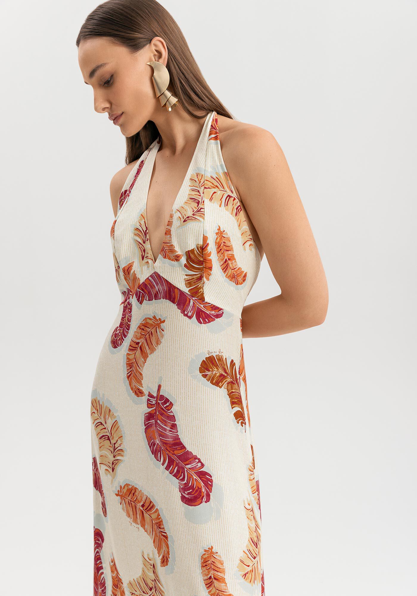 Vestido Longo Estampado Frente &Uacute;nica Com Decote Em V, BANANEIRA BEGE, large.