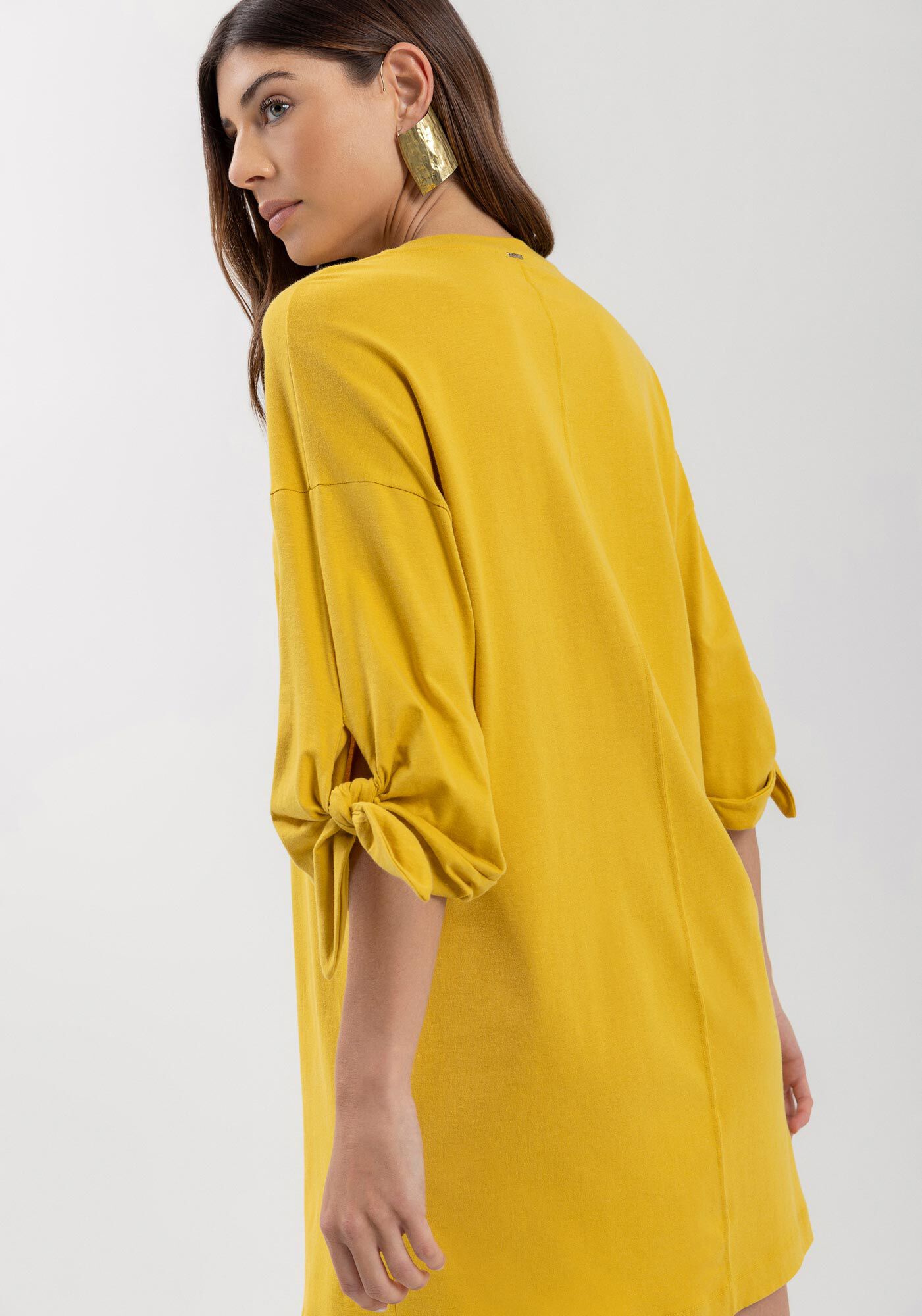 Vestido Curto Em Malha Penteada Com Mangas 3/4 E Amarra&ccedil;&otilde;es, , large.