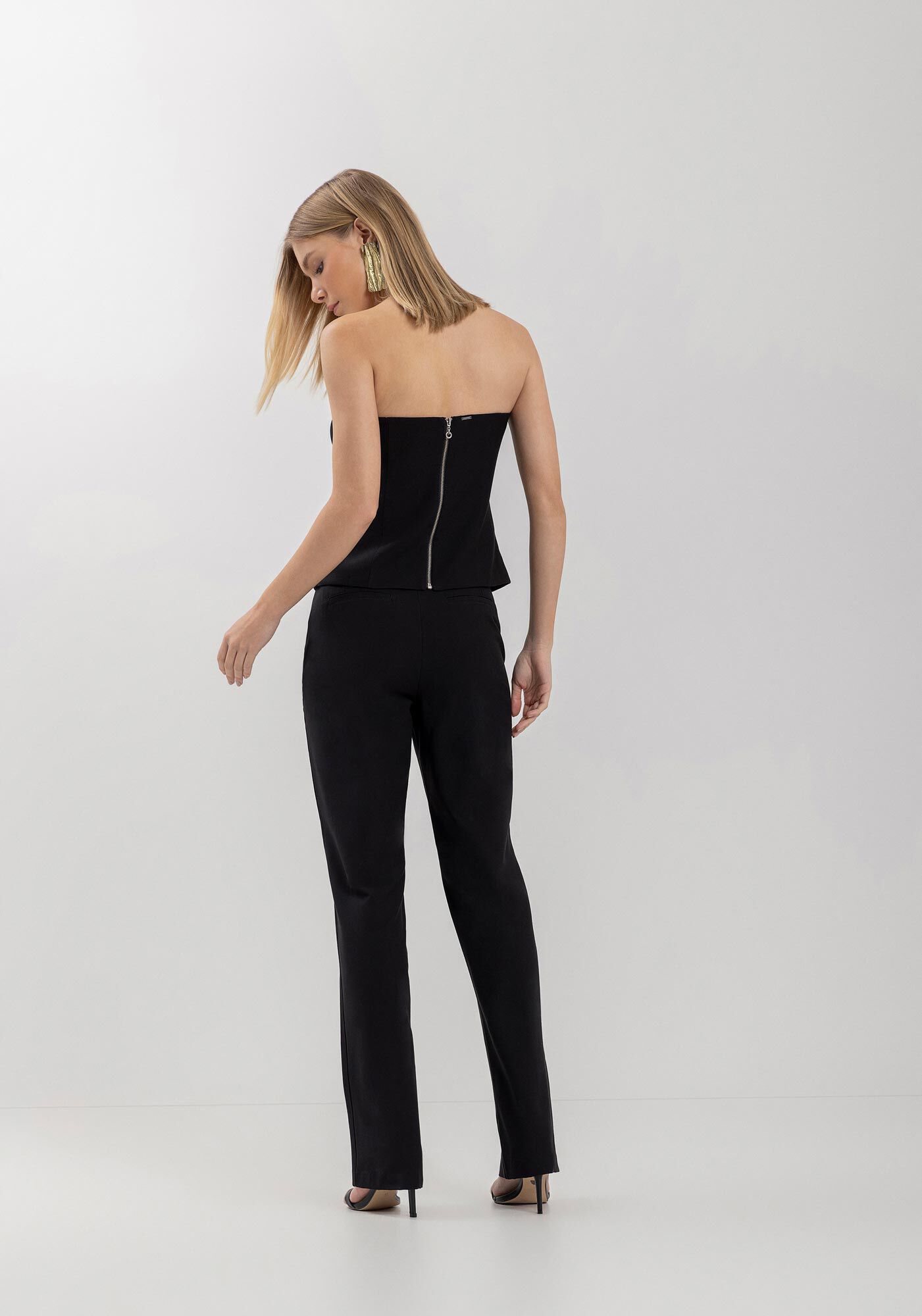 Cal&ccedil;a Reta Em Bengaline Com Cintura Alta E Nervuras, PRETO, large.