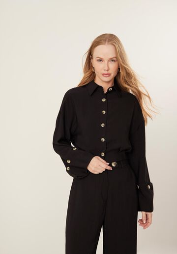Camisa Curta Com Mangas Amplas E Botões, PRETO. Camisa Curta Com Mangas Amplas E Botões, PRETO, large.