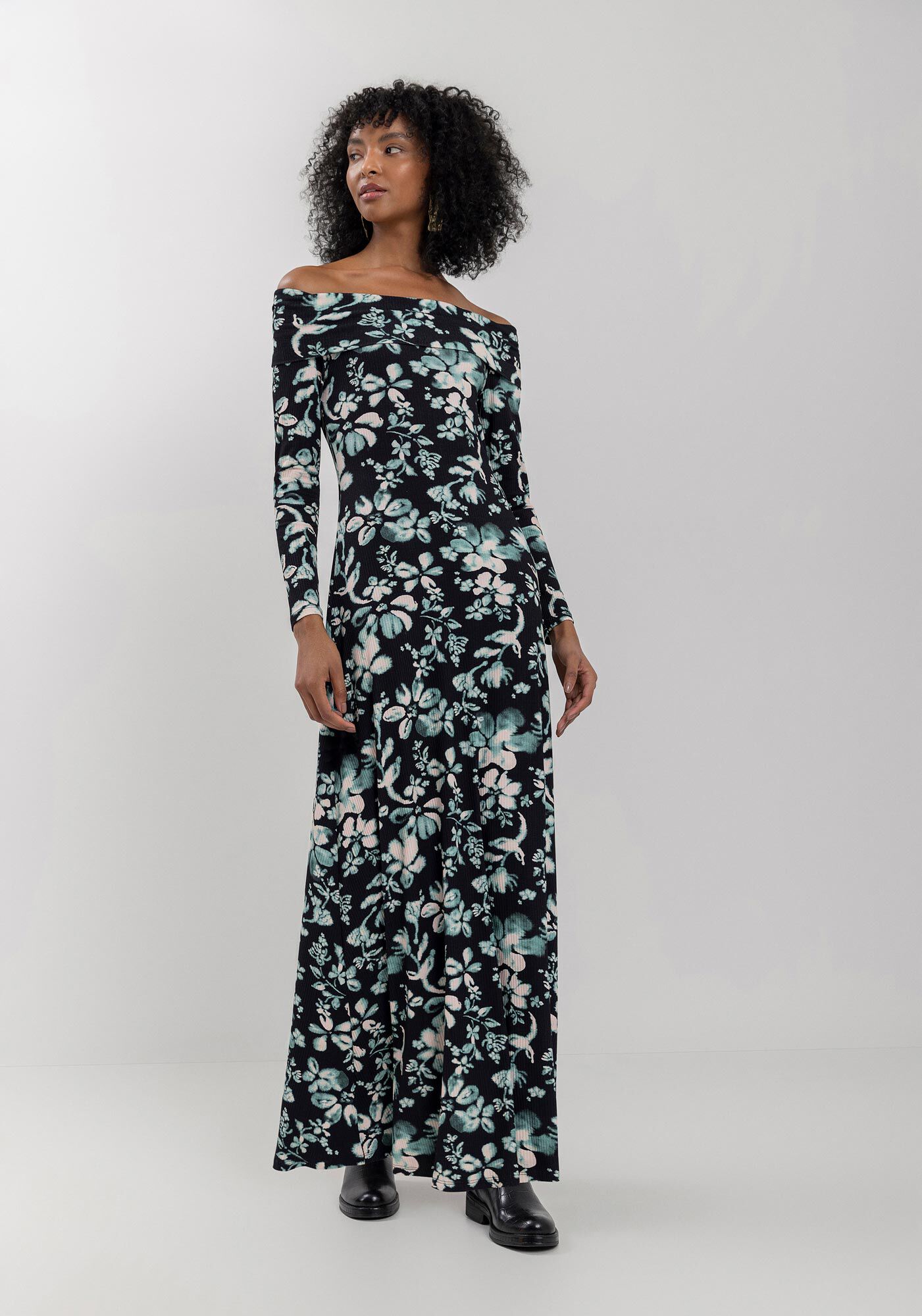 Vestido Longo Ombro A Ombro Estampado Em Malha Canelada, , large.