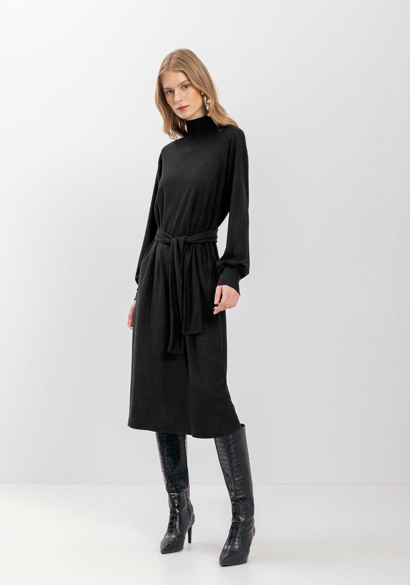 Vestido Midi De Mangas Longas Com Faixa Em Malha R&uacute;stica, PRETO, large.