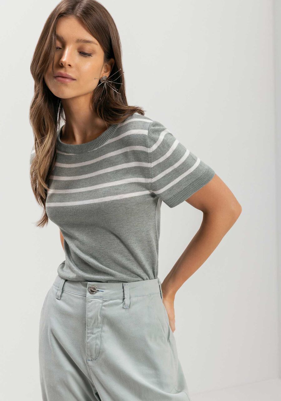 Blusa De Mangas Curtas Em Tricô Com Gola Redonda, . Blusa De Mangas Curtas Em Tricô Com Gola Redonda, , large.