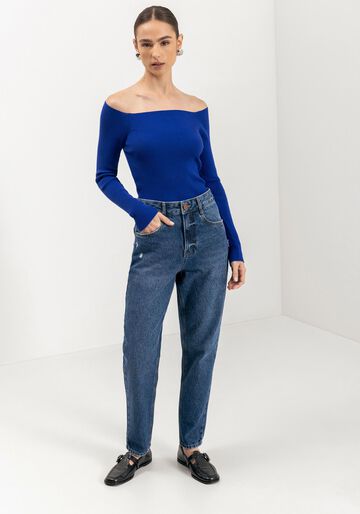 Calça Mom Jeans Com Cintura Alta E Bolsos Funcionais, JEANS. Calça Mom Jeans Com Cintura Alta E Bolsos Funcionais, JEANS, large.
