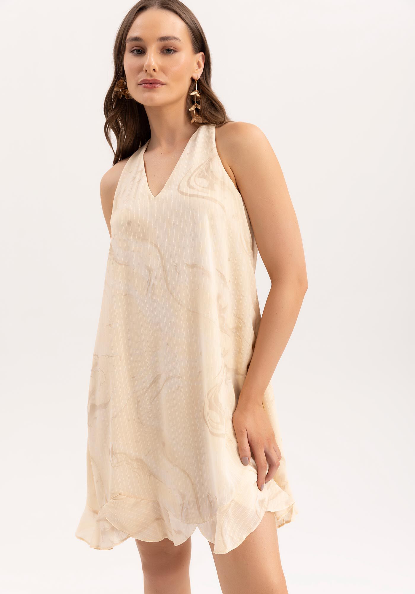 Vestido Curto Amplo em Tecido Risca de Giz Estampado, , large.