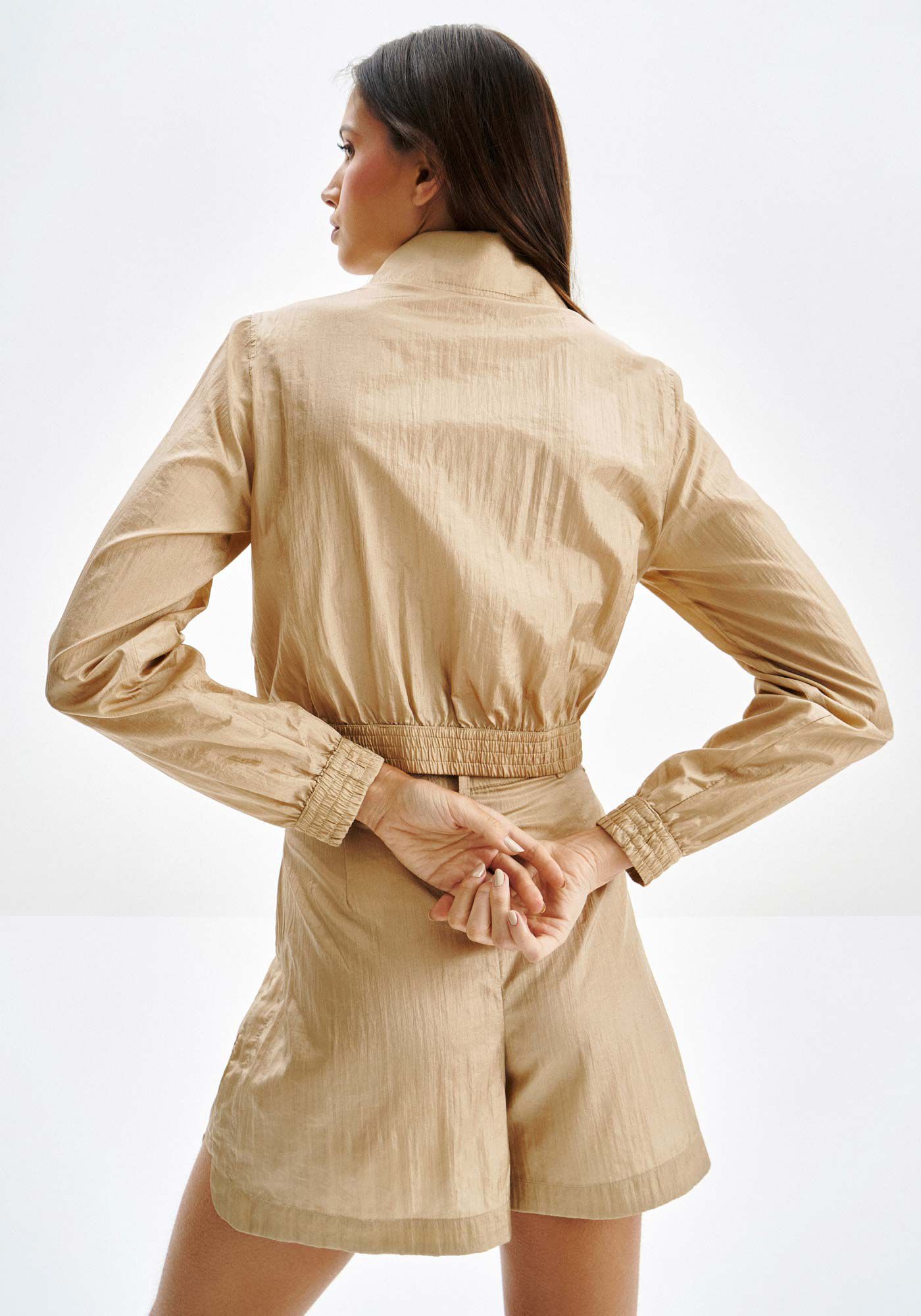 Jaqueta Bomber em Nylon com Brilho, BEGE CAQUI, large.