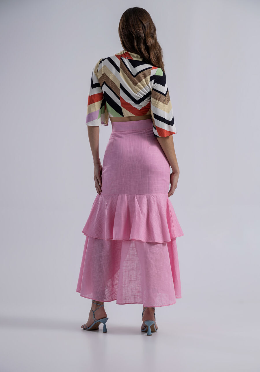 Saia Midi em Tecido Thige com Babados e Fenda, . Saia Midi em Tecido Thige com Babados e Fenda, , large.