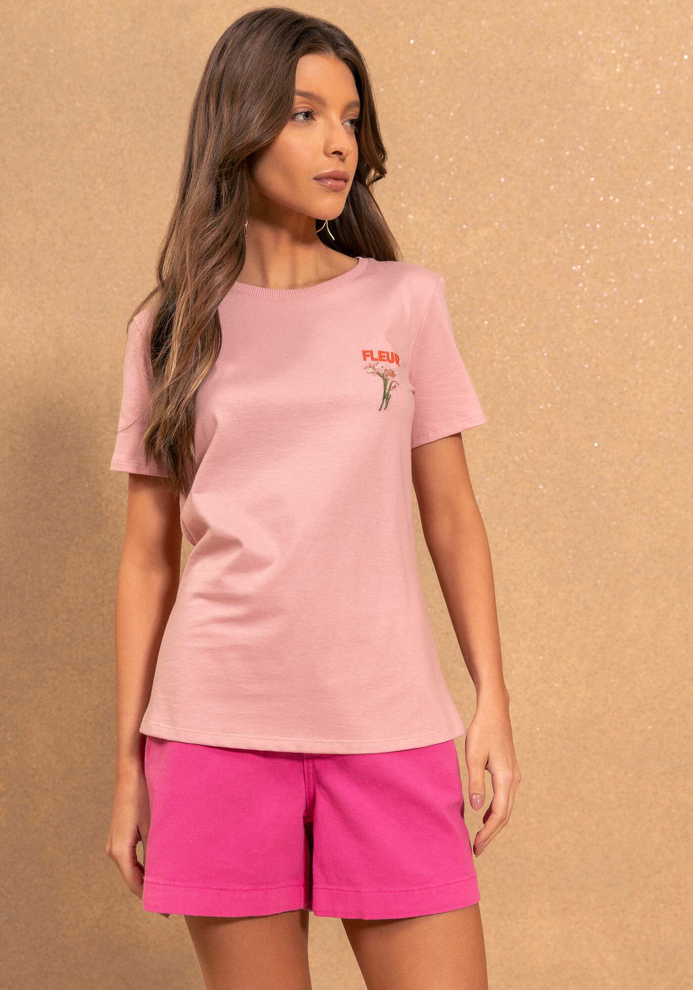 Blusa T-shirt Em Malha Penteada Com Bordado Localizado, ROSA SALOME, large.