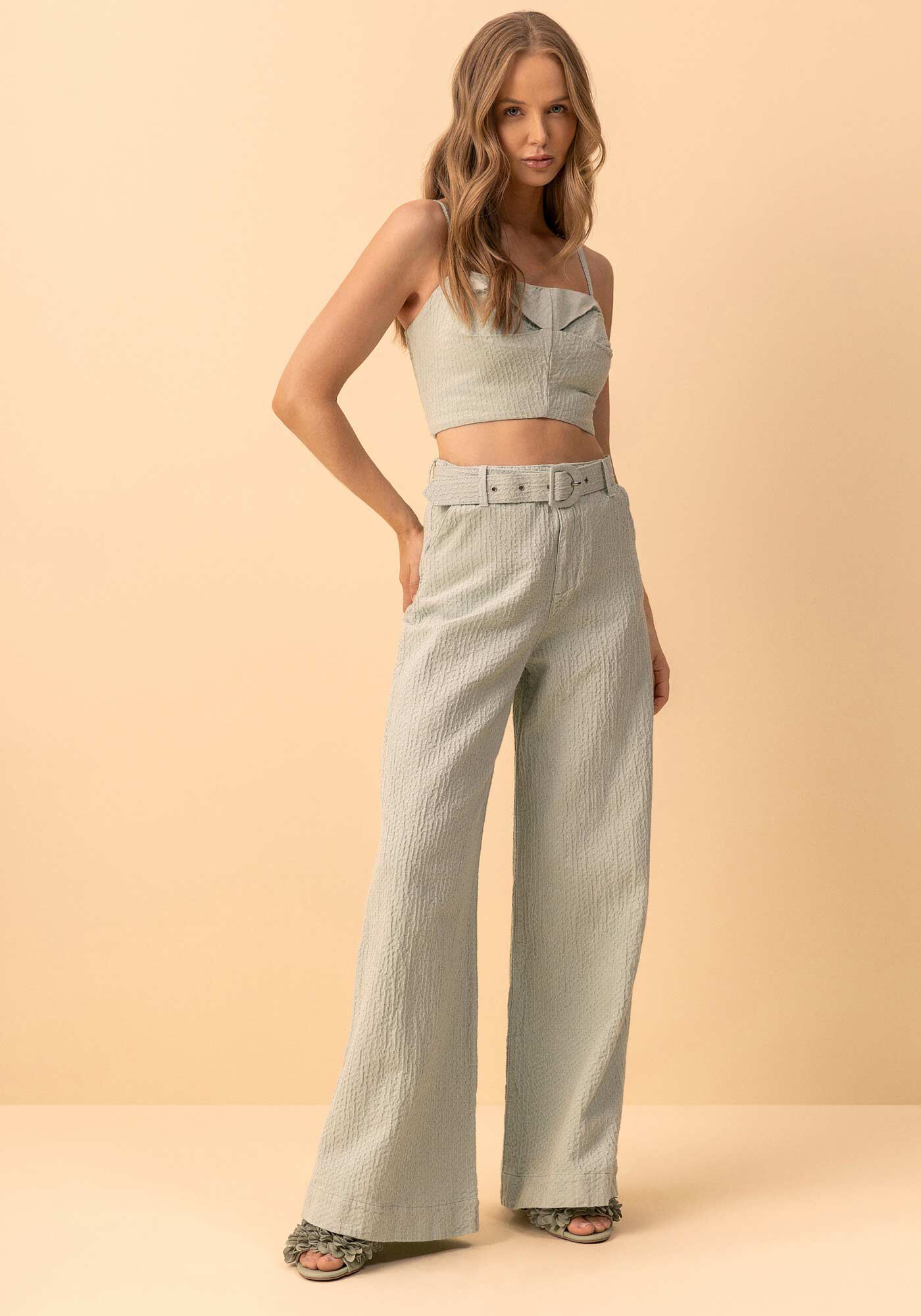 Cal&ccedil;a Super Wide Leg Em Sarja Com Cintura Alta E Cinto, VERDE SPA, large.