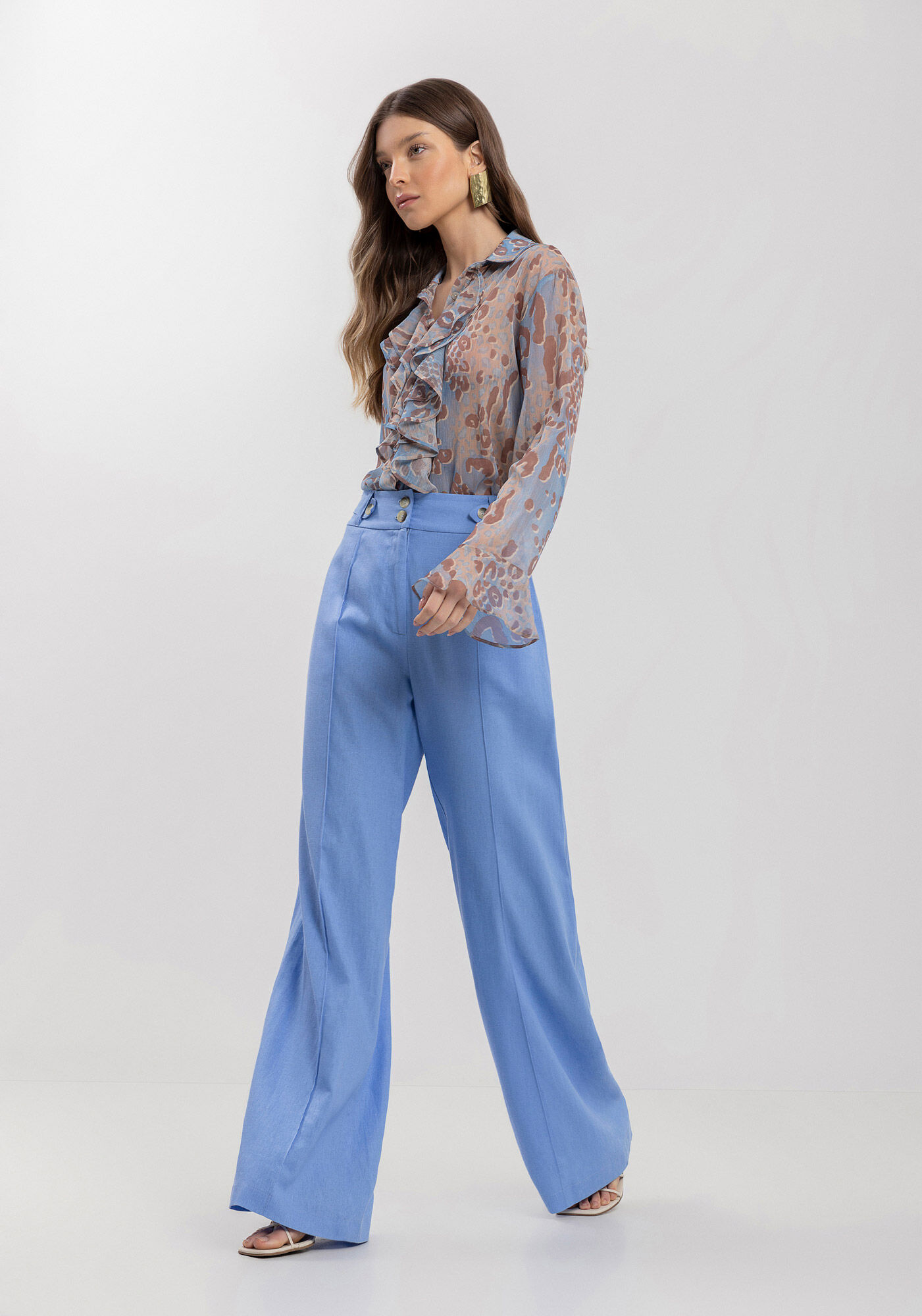 Camisa De Mangas Longas Com Bot&otilde;es E Babados Frontais, , large.