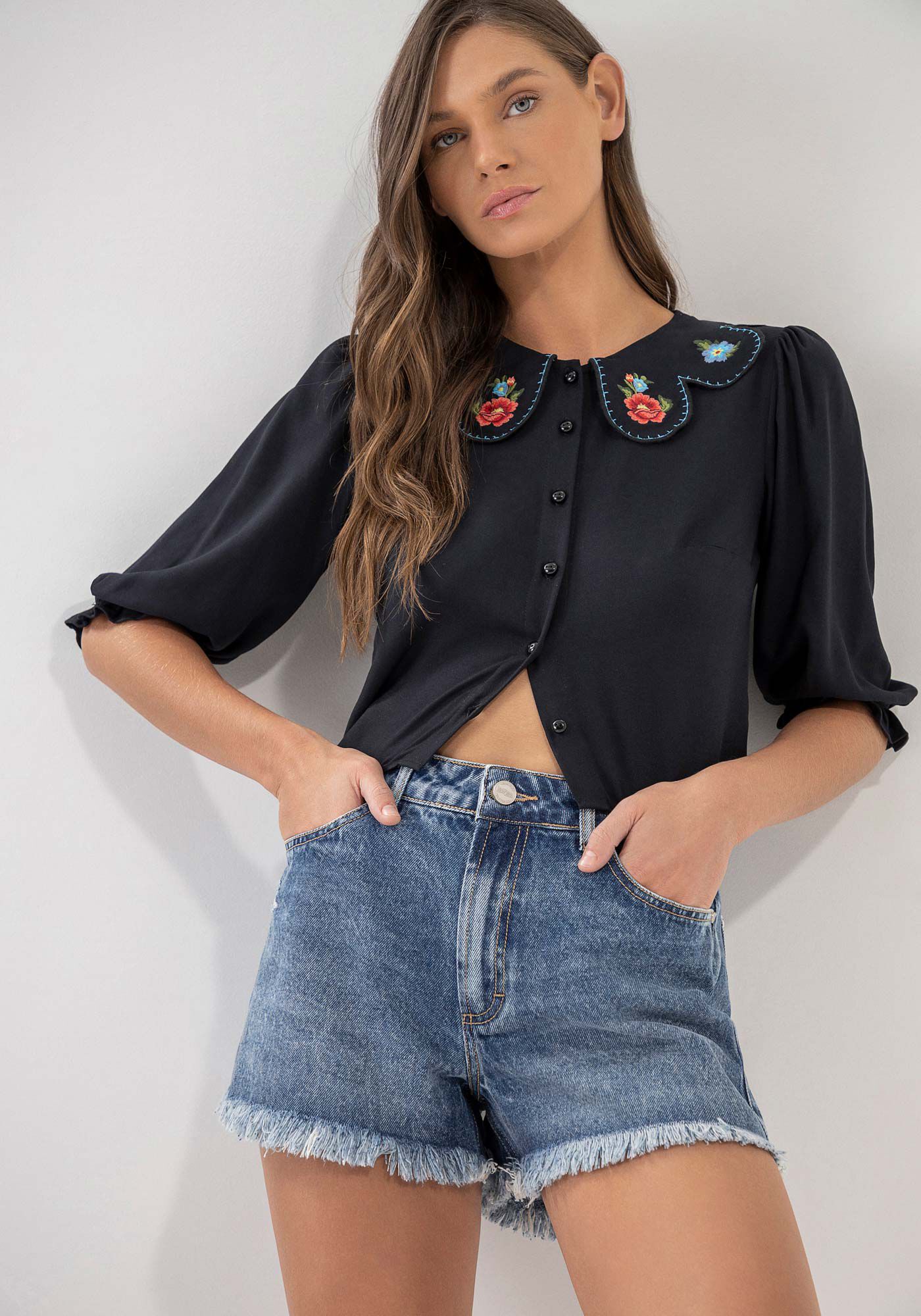 Shorts Jeans Linha A Marmorizado Cintura Alta, JEANS, large.