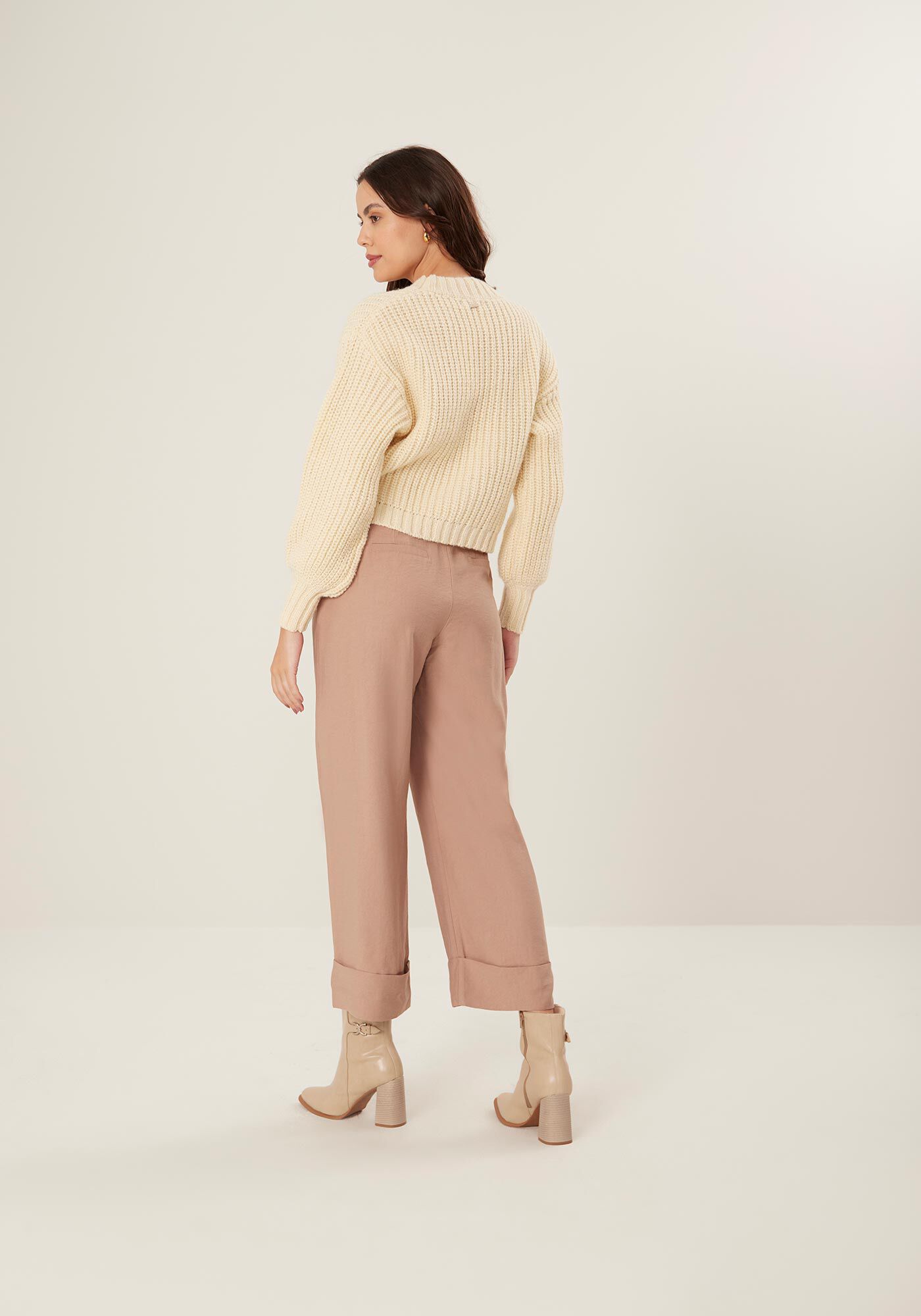 Cal&ccedil;a Reta De Cintura Alta Com Vincos E Barras Largas, , large.