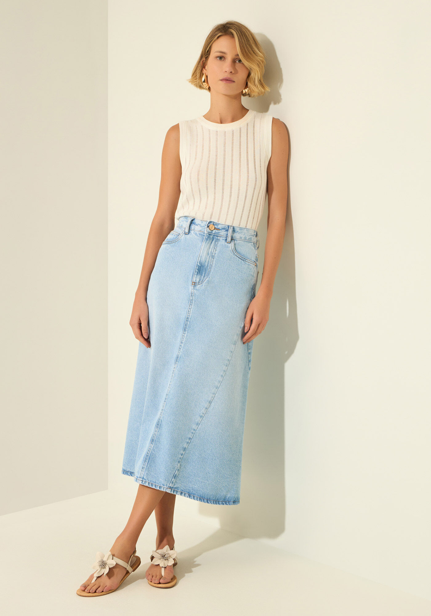 Saia Jeans Midi Com Cintura M&eacute;dia E Fenda, JEANS, large.