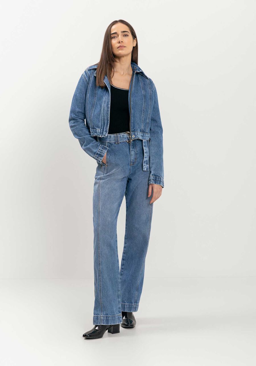 Calça Reta Jeans Com Cinto E Cintura Alta, . Calça Reta Jeans Com Cinto E Cintura Alta, , large.