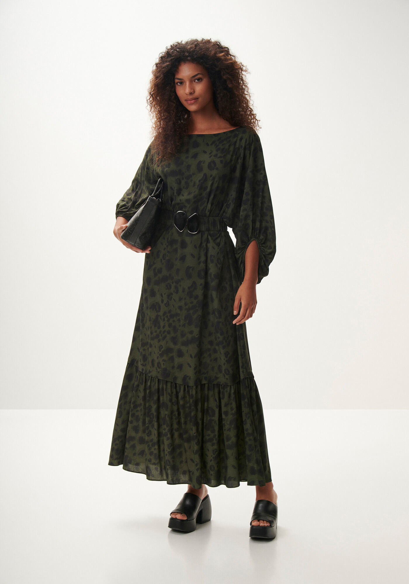 Vestido Midi Manga 3/4 Estampado com Cinto, FOREST, large.