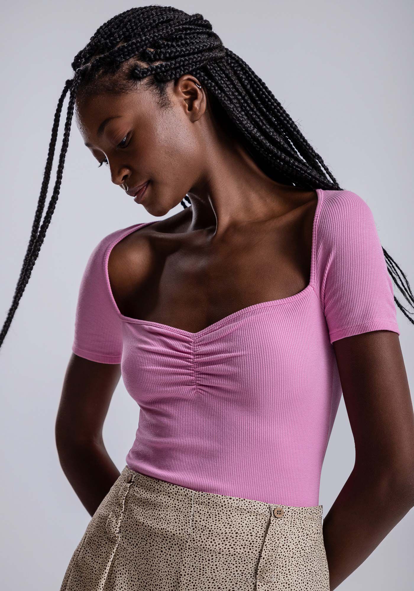 Blusa Manga Curta Canelada com Franzido Busto, , large.