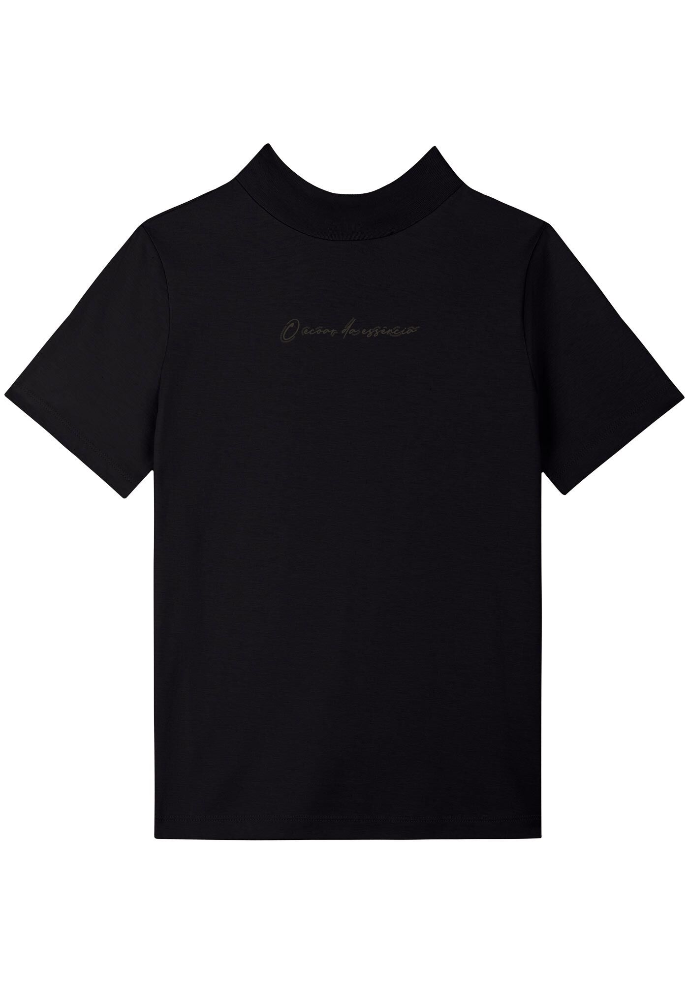 Blusa De Mangas Curtas Com Gola Alta E Bordado Frontal, PRETO, large.