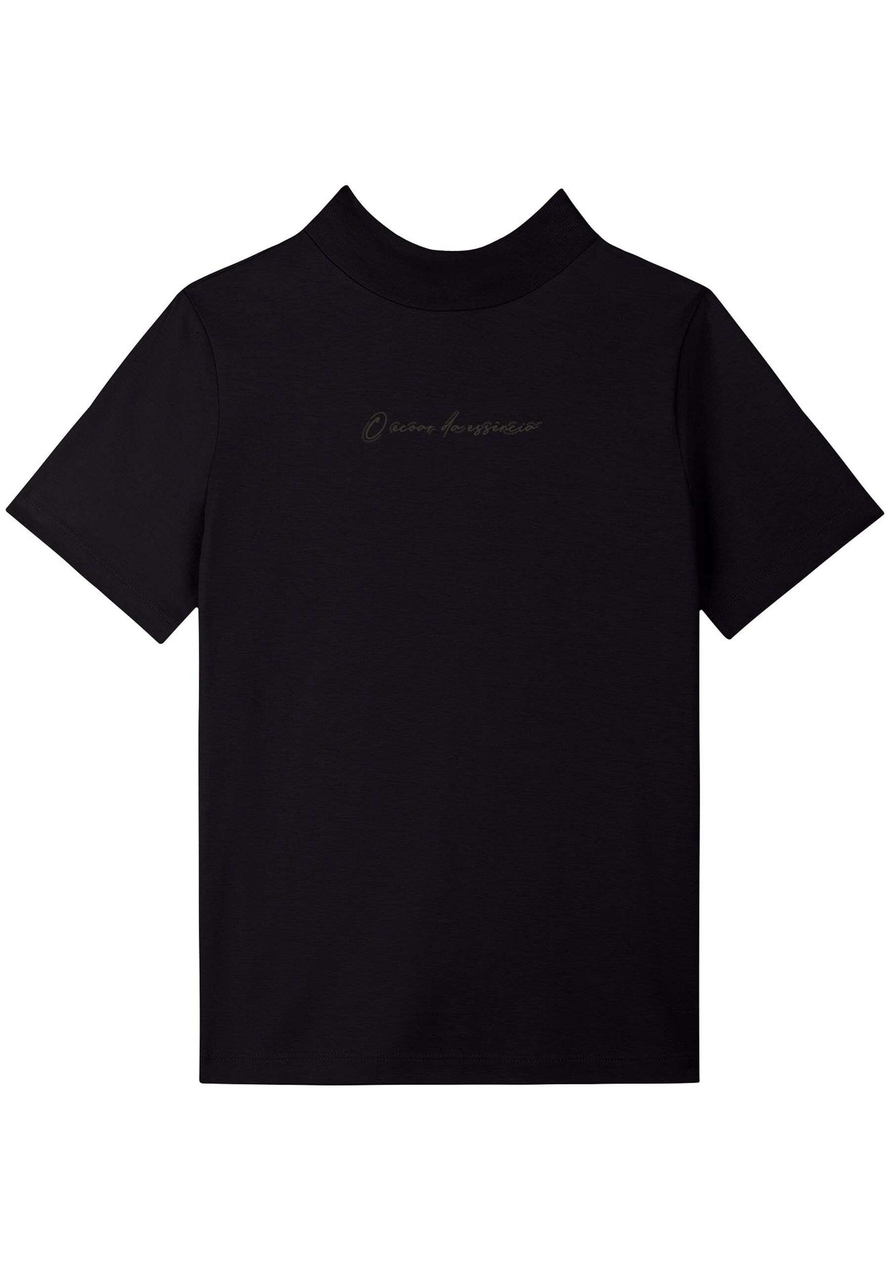 Blusa De Mangas Curtas Com Gola Alta E Bordado Frontal, PRETO. Blusa De Mangas Curtas Com Gola Alta E Bordado Frontal, PRETO, large.