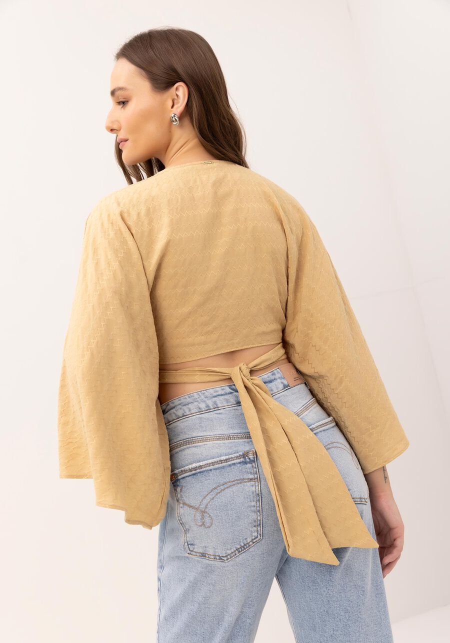 Blusa Manga 3/4 Transpassada em Jacquard com Amarração, . Blusa Manga 3/4 Transpassada em Jacquard com Amarração, , large.