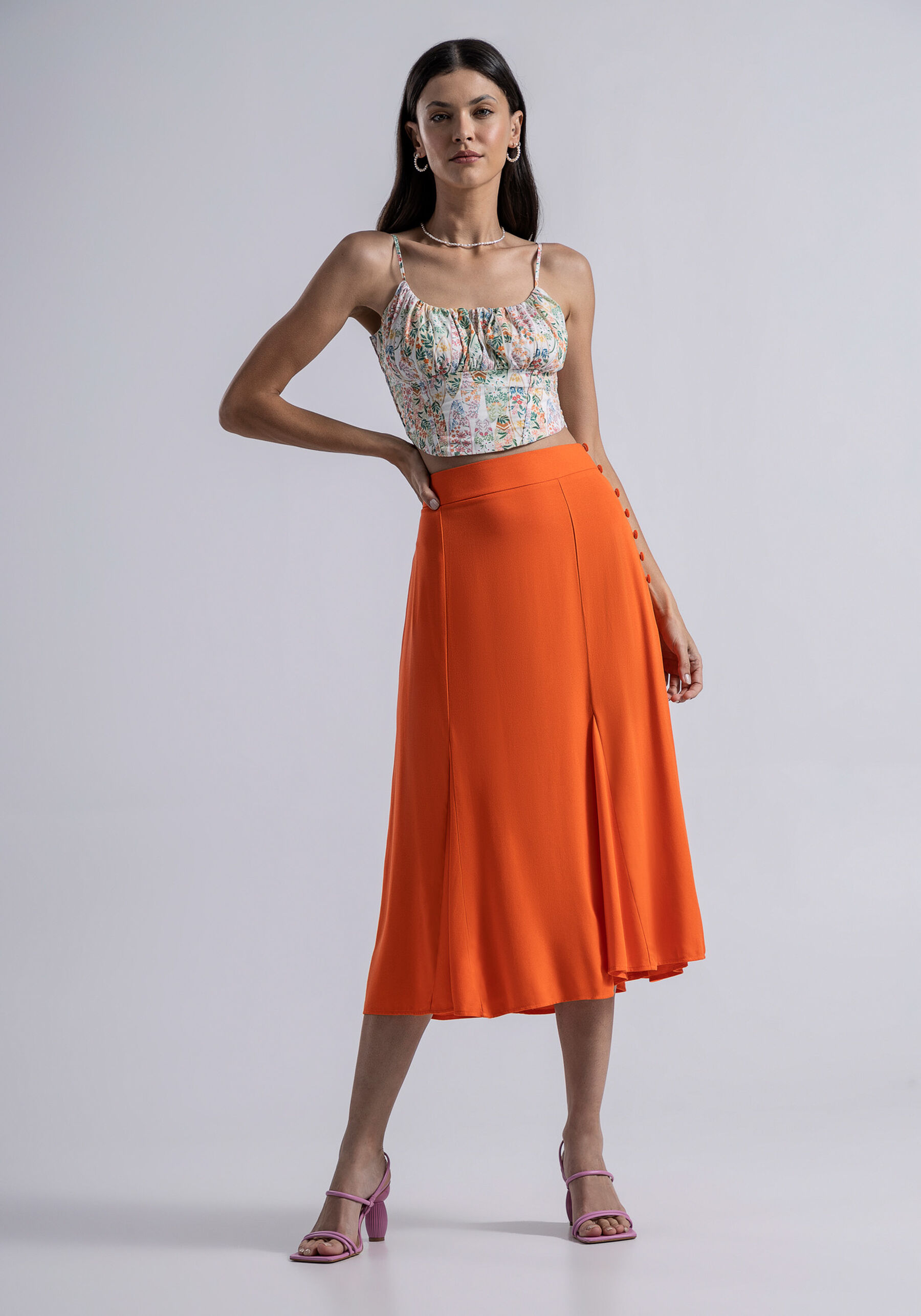 Saia Midi em Crepe com Botões, . Saia Midi em Crepe com Botões, , large.