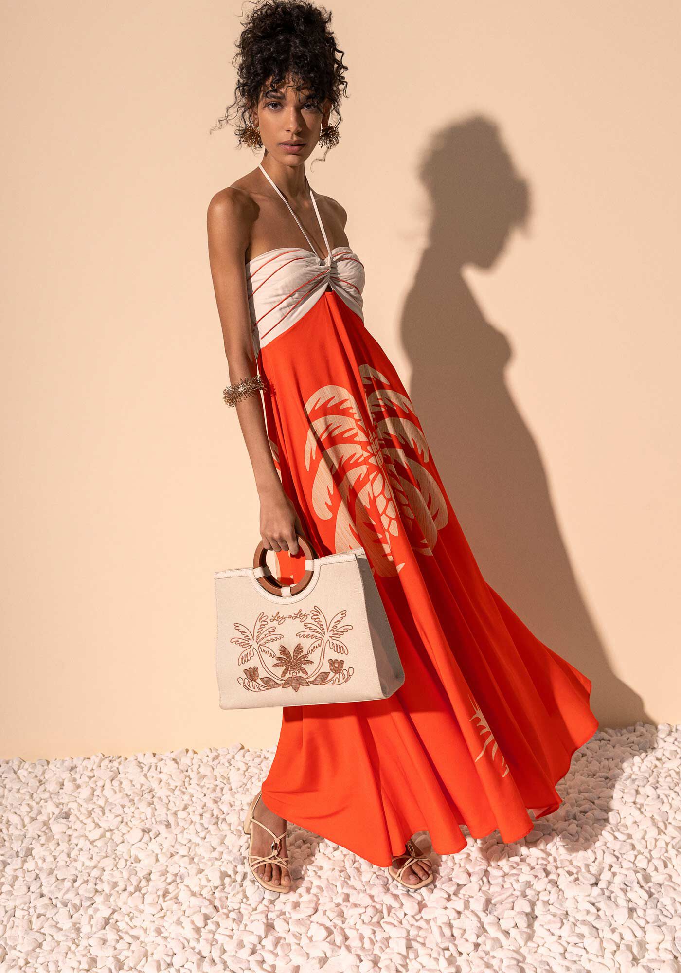 Vestido Longo Fluido Frente &Uacute;nica Com Amarra&ccedil;&atilde;o E Recorte, MINI PALM LARANJA, large.