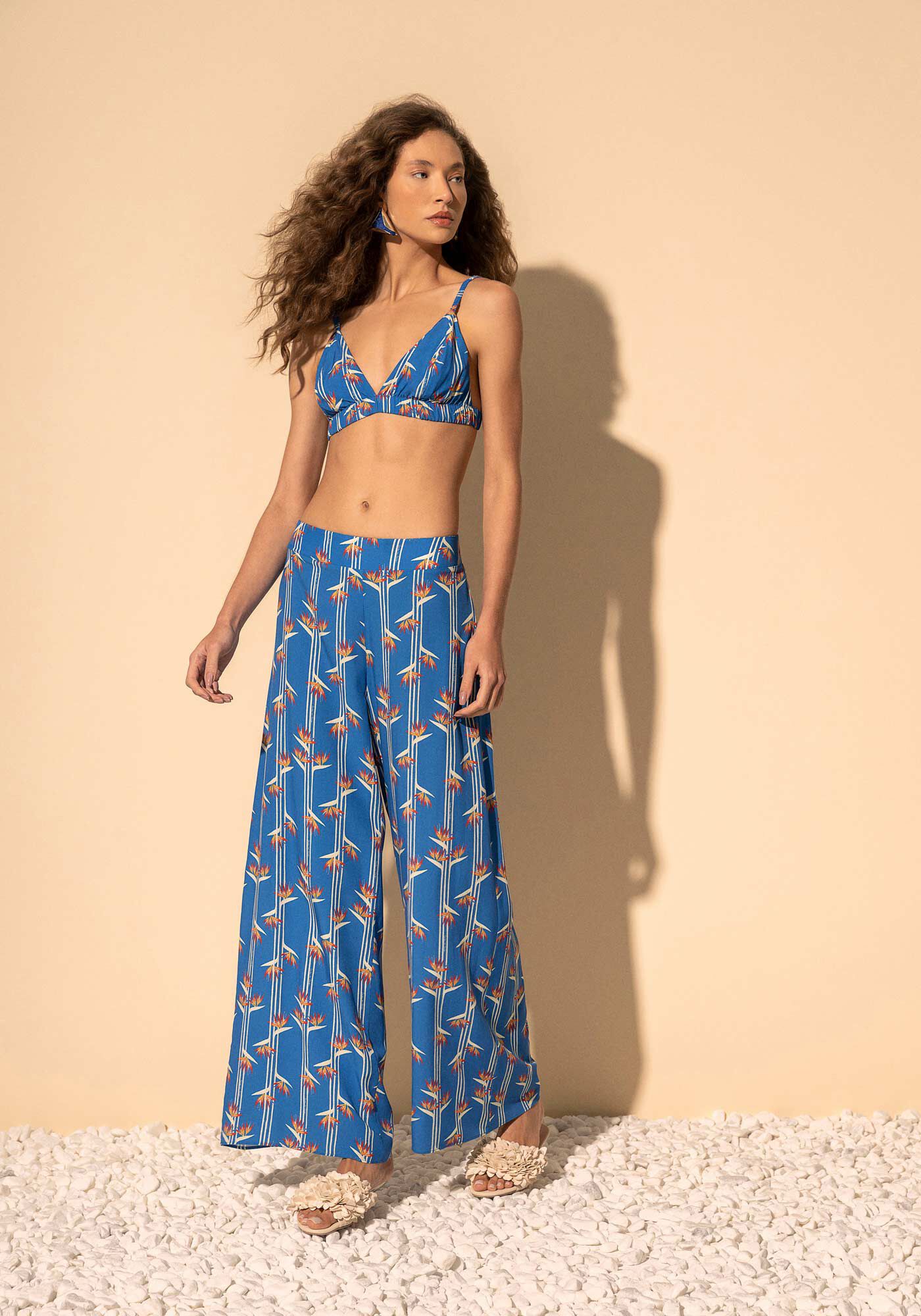 Cal&ccedil;a Pantalona Estampada De Cintura M&eacute;dia Com El&aacute;stico, STRELIZIA MINI AZUL, large.