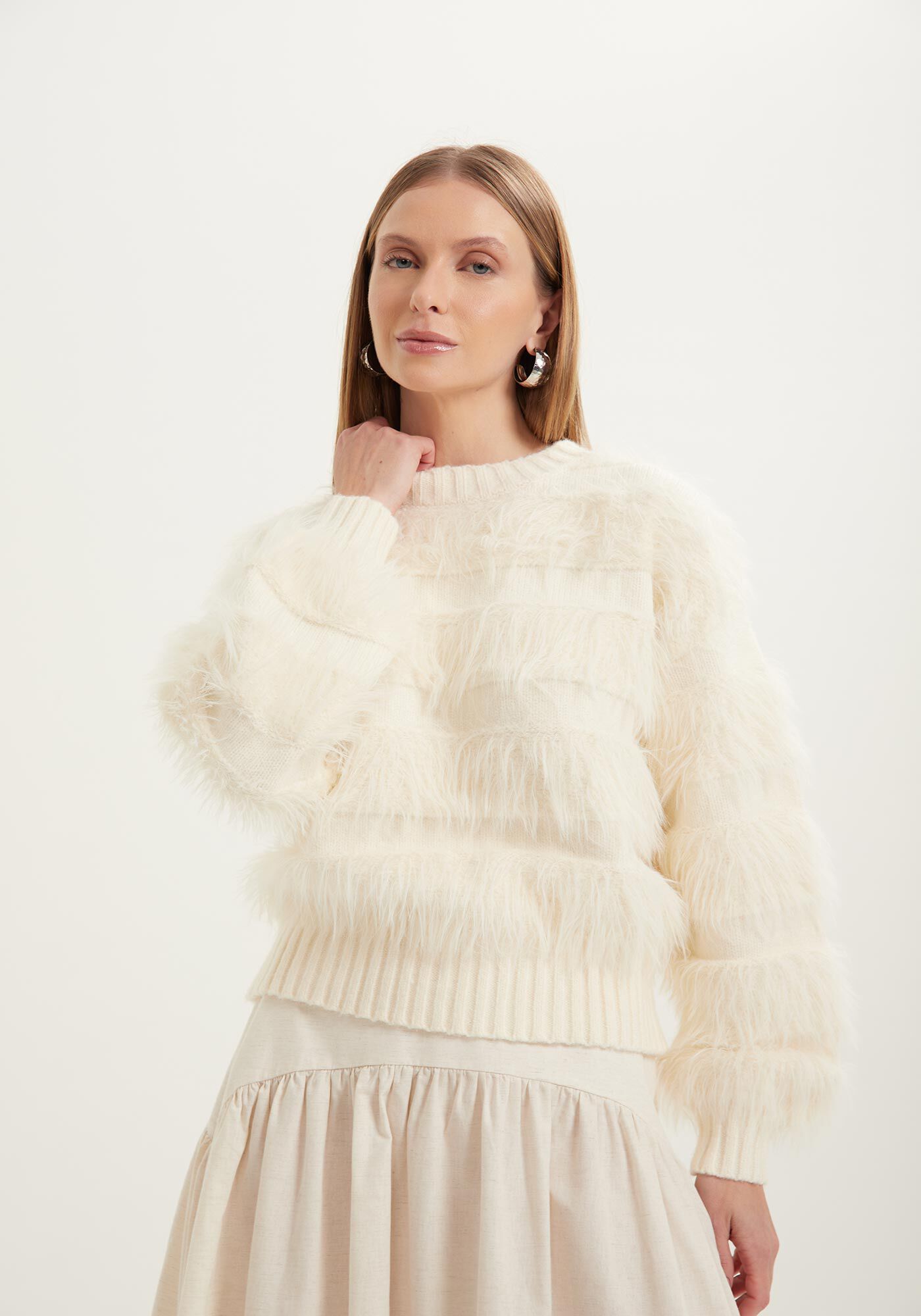 Blus&atilde;o De Mangas Longas Em Tric&ocirc; Com Pelos, , large.