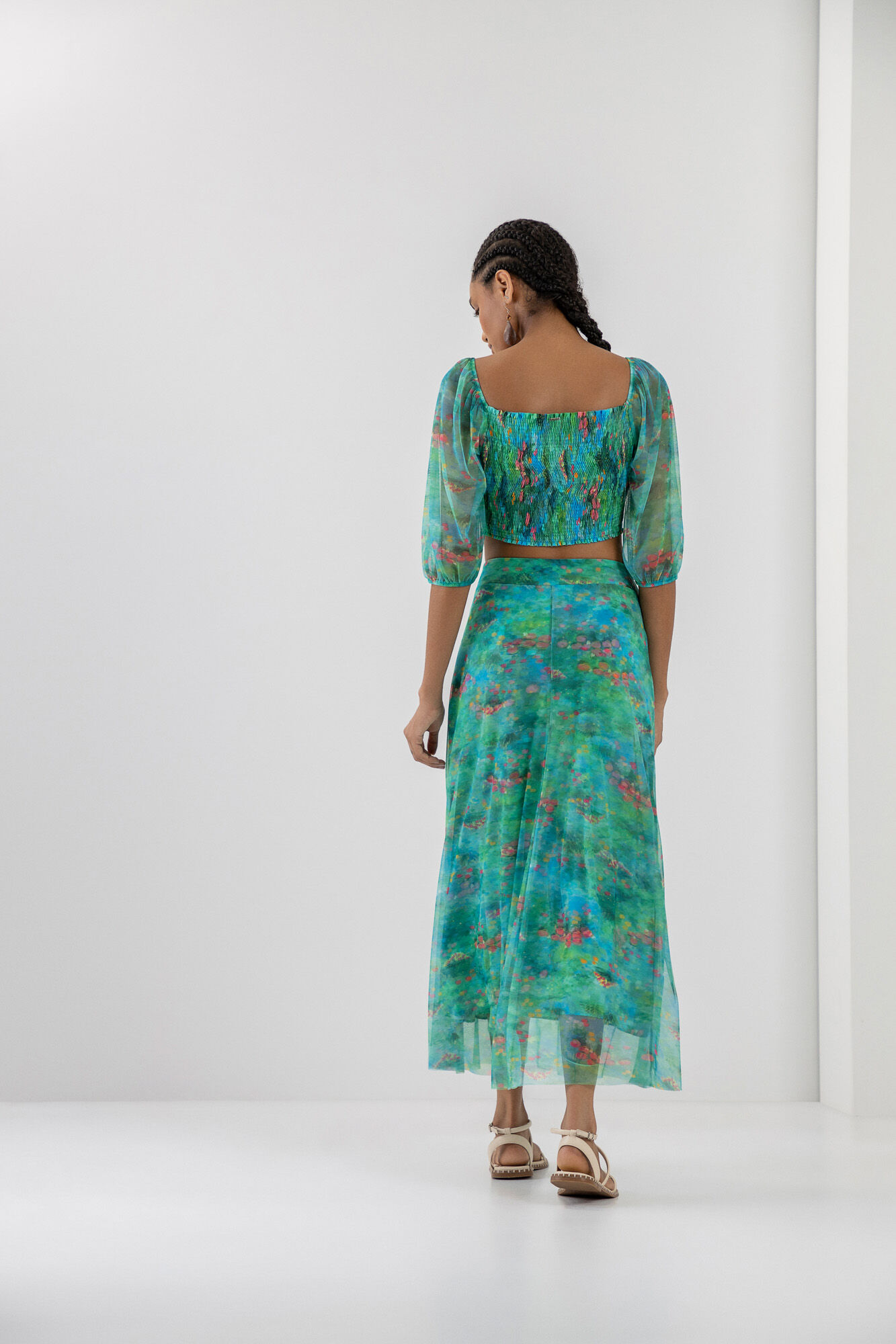 Saia Midi Estampada com Tule Sobreposto, , large.