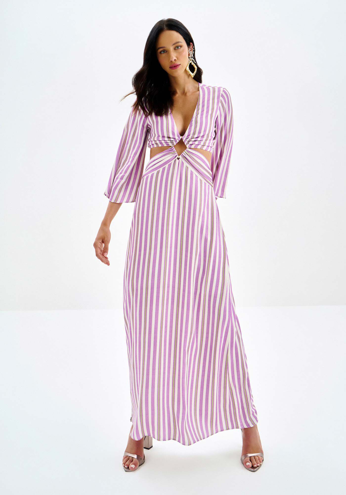 Vestido Midi Ch&aacute; Estampado com Cut Out, LAVANDA, large.