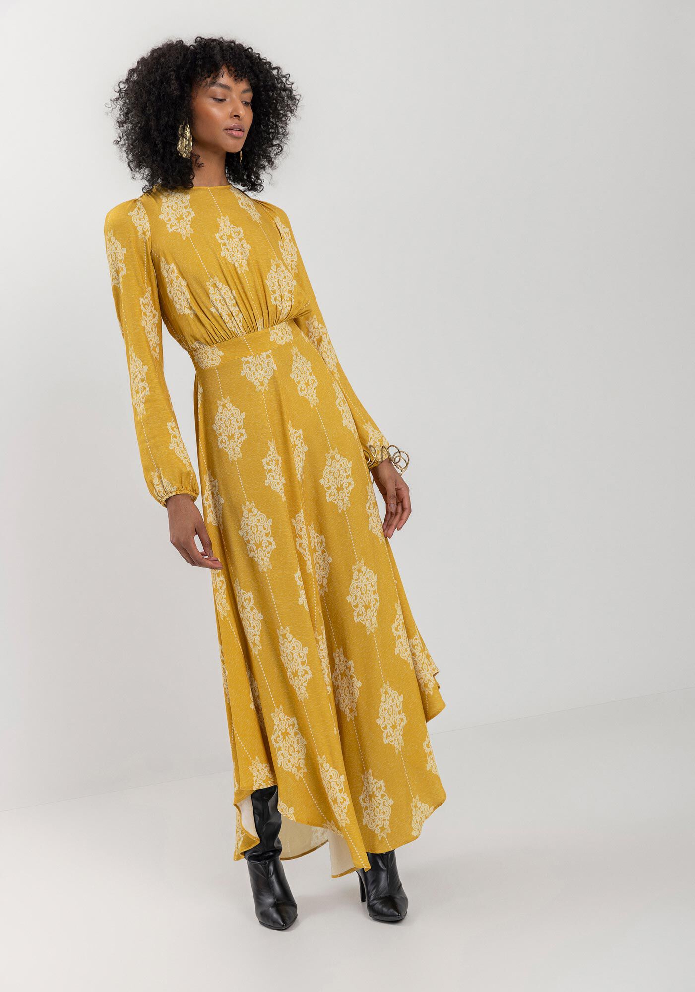 Vestido Estampado Assim&eacute;trico Com Mangas Longas E Amarra&ccedil;&atilde;o, , large.