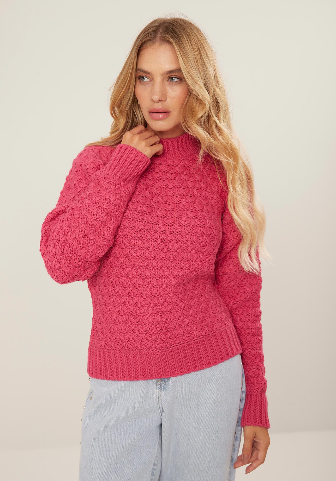 Blus&atilde;o Manga Longa em Tric&ocirc; com Textura, ROSA CARACAS, large.